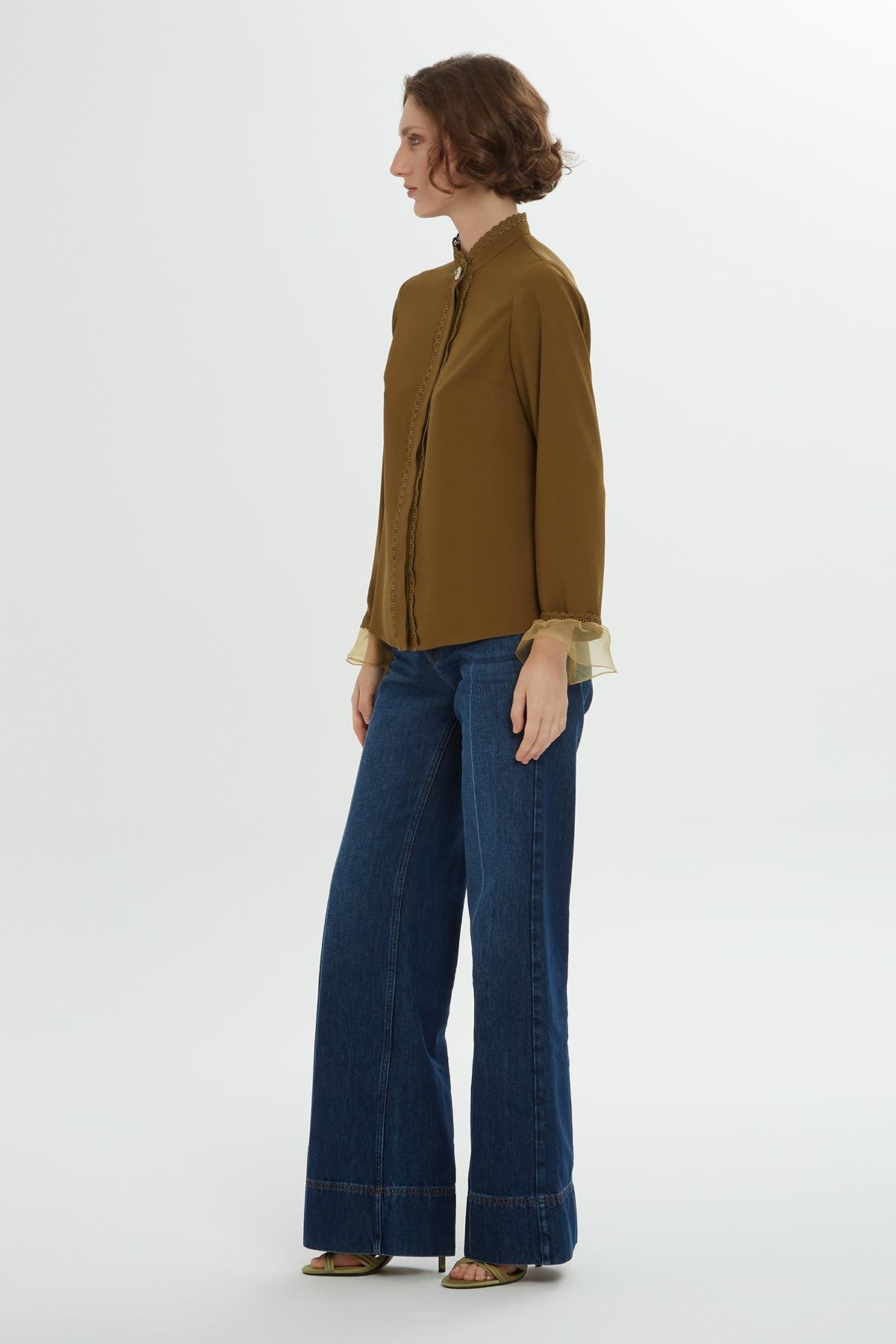 Ön Pat Dantel Detaylı Kol Ucu Şifon Yeşil Gömlek