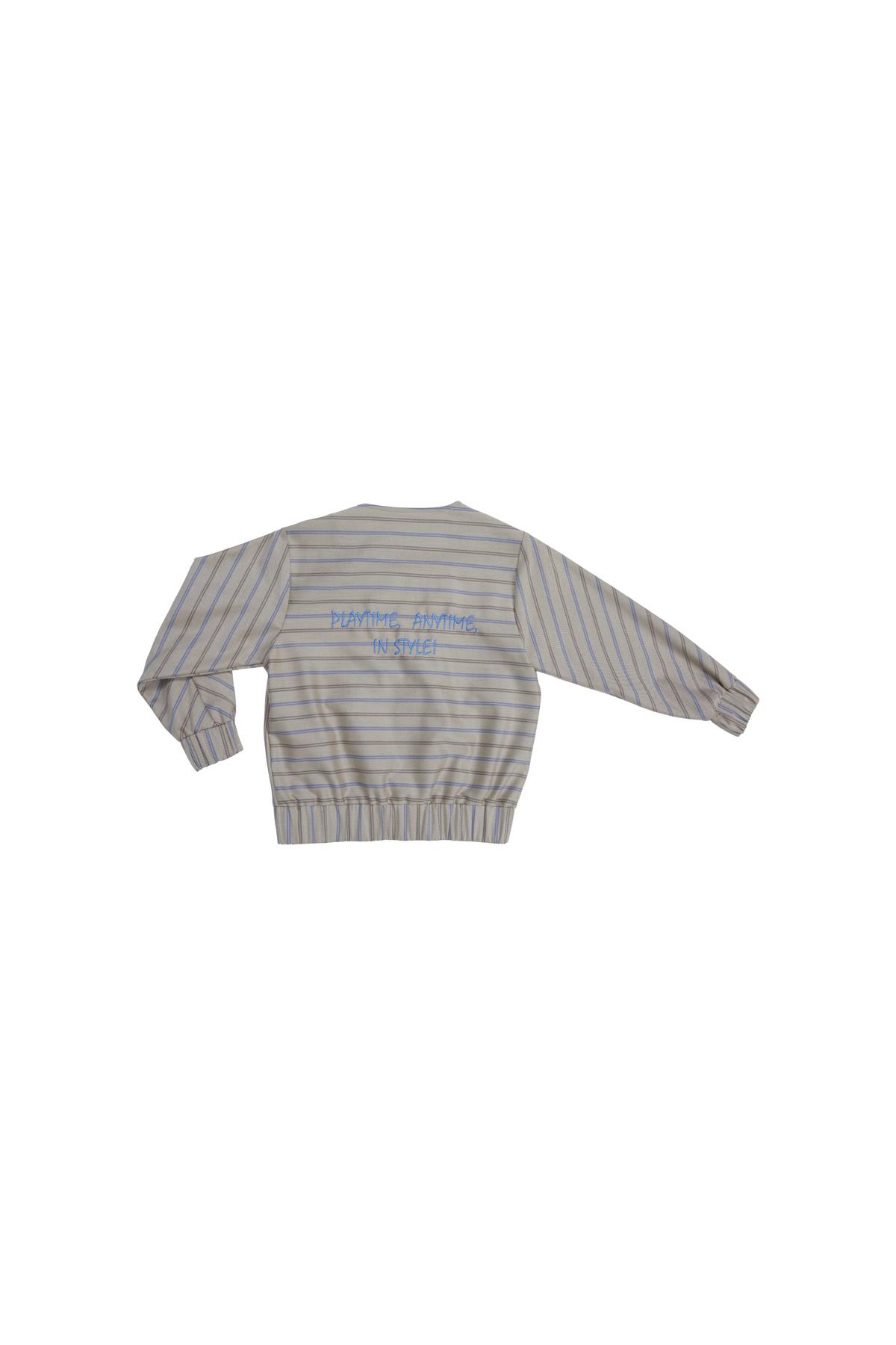 Beige Striped Blazer With Front Zipper And Printed Design