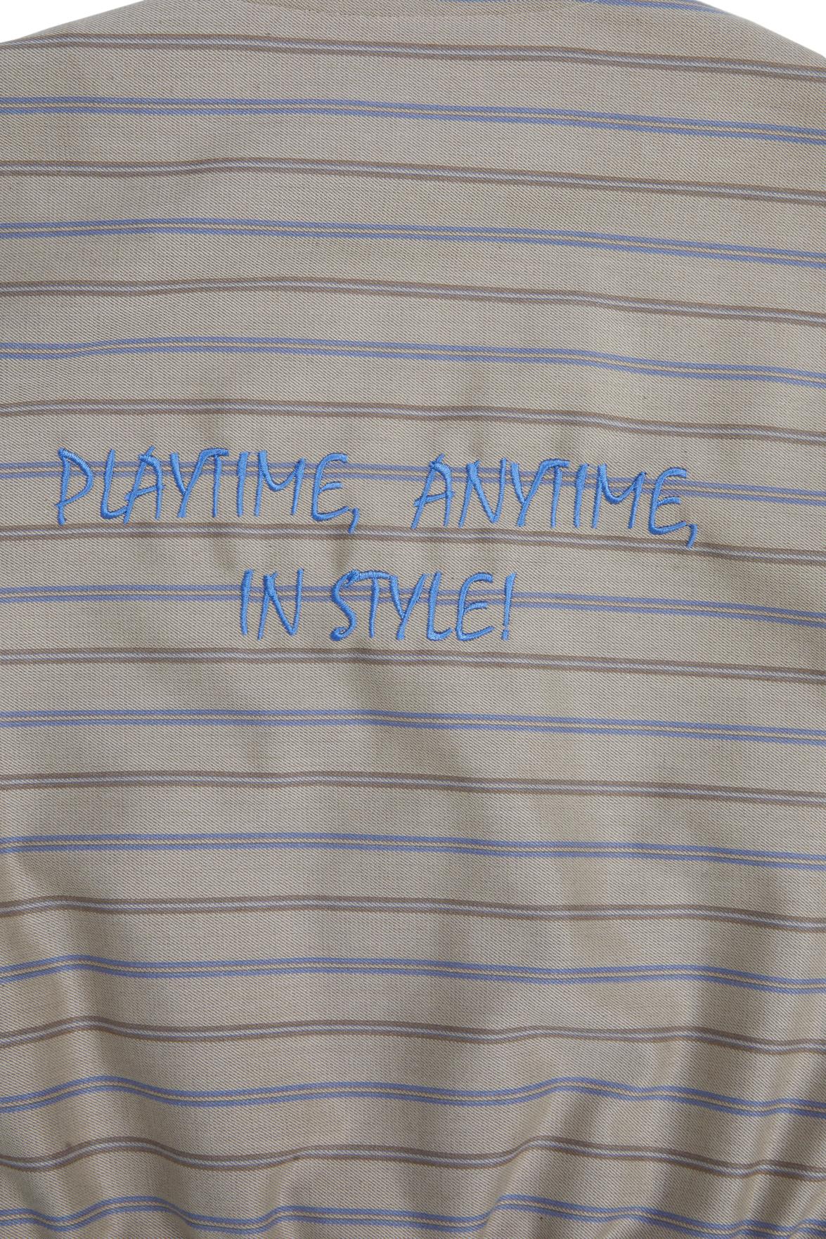 Beige Striped Blazer With Front Zipper And Printed Design
