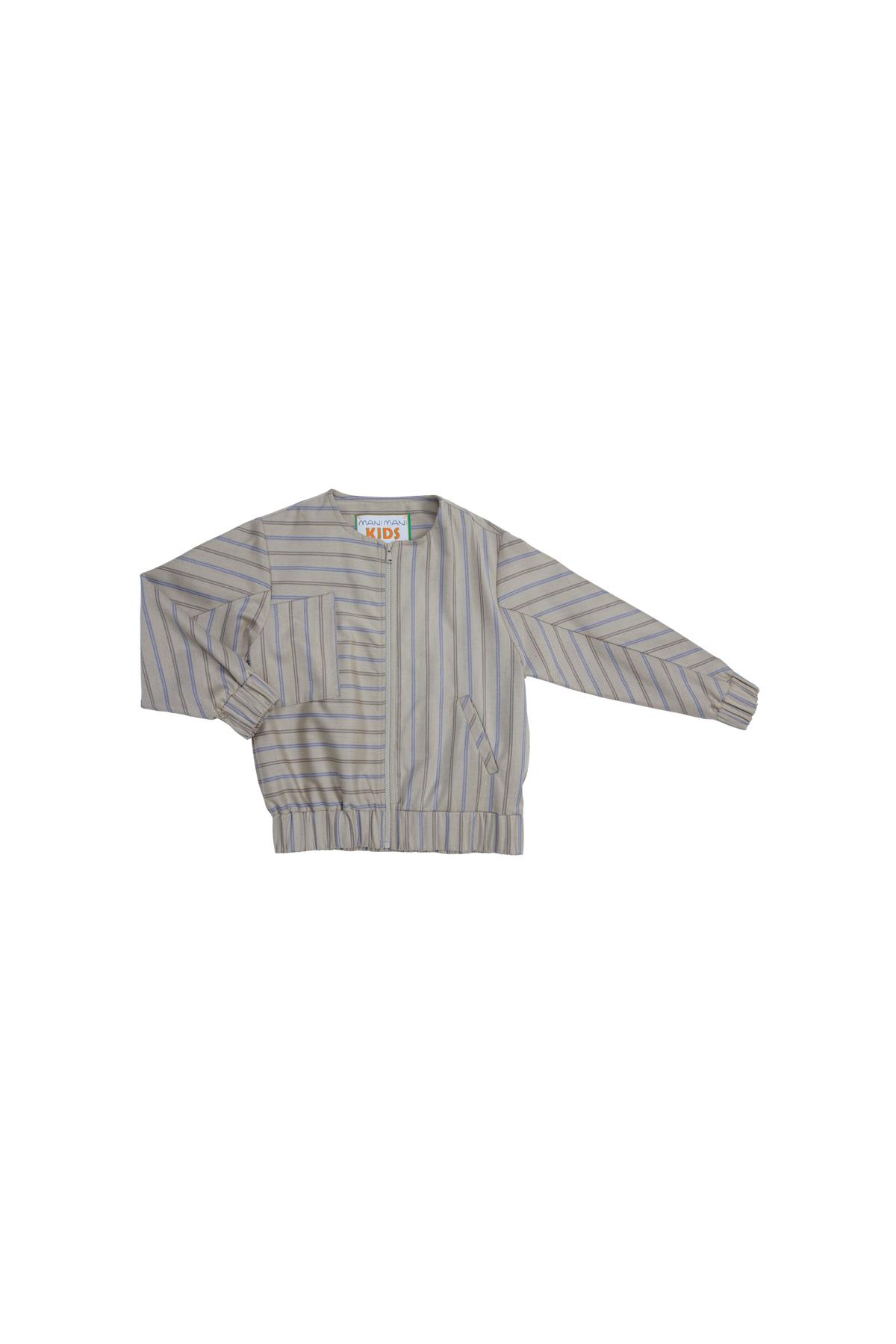 Beige Striped Blazer With Front Zipper And Printed Design