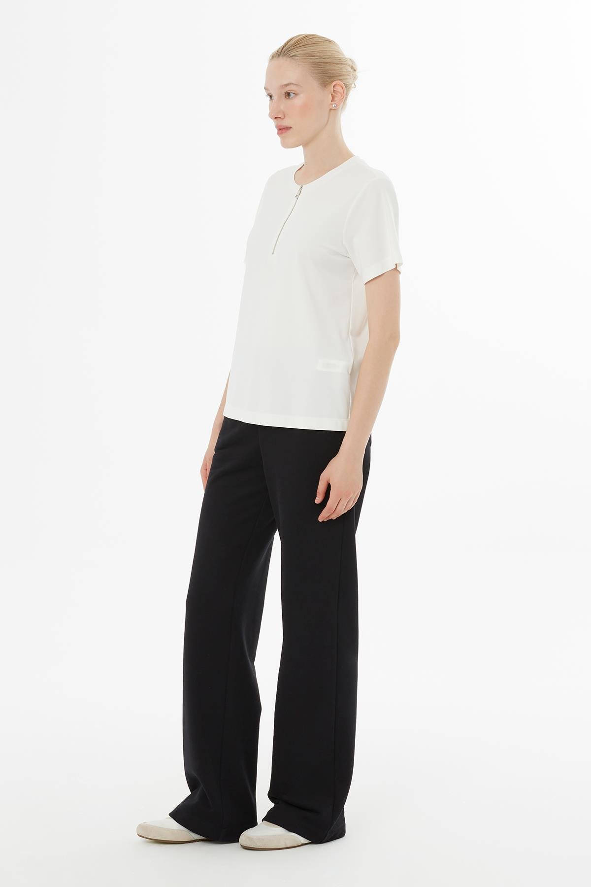 Ecru Blouse with Front Zipper and Back Rhinestone Print