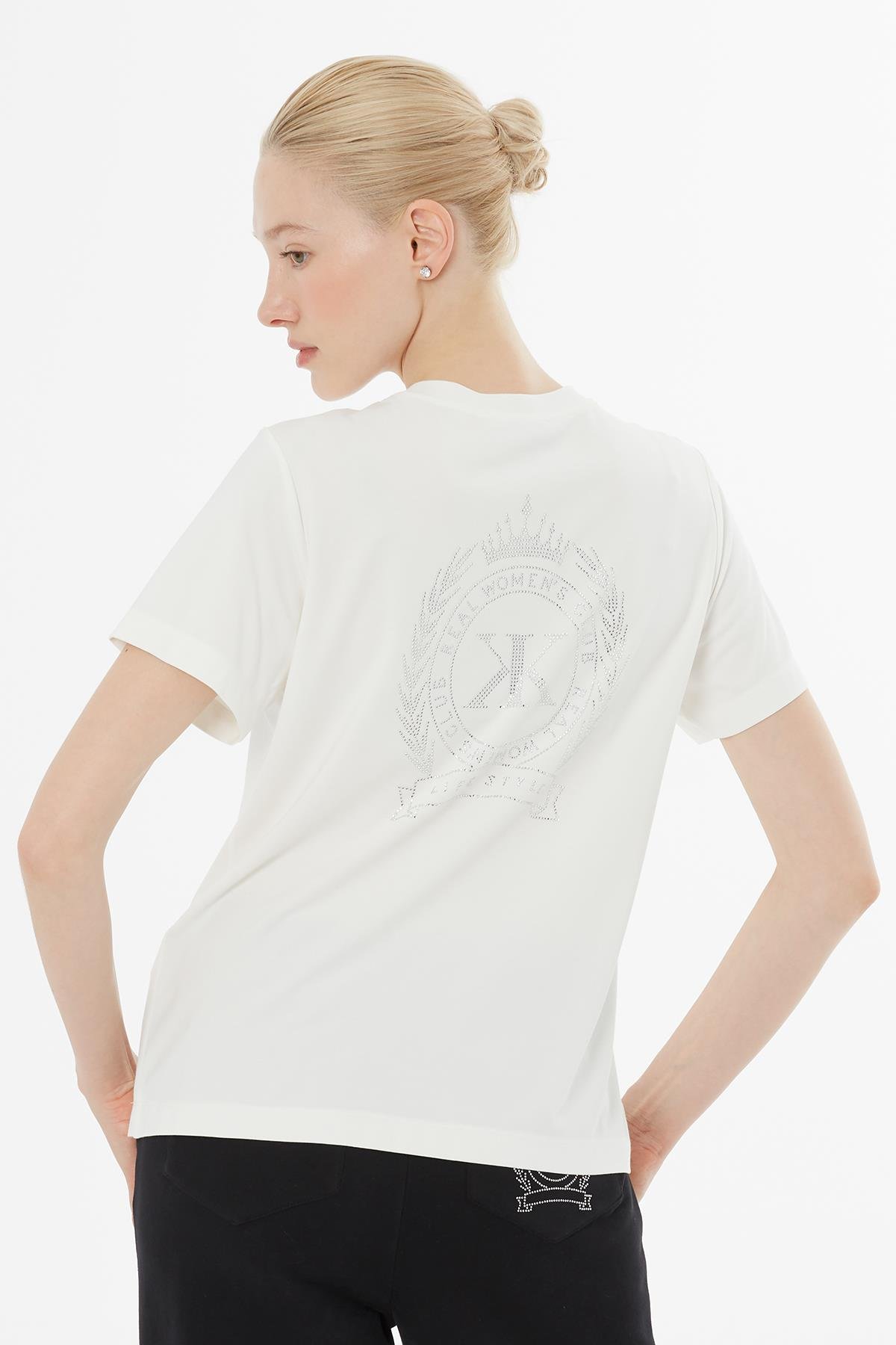 Ecru Blouse with Front Zipper and Back Rhinestone Print