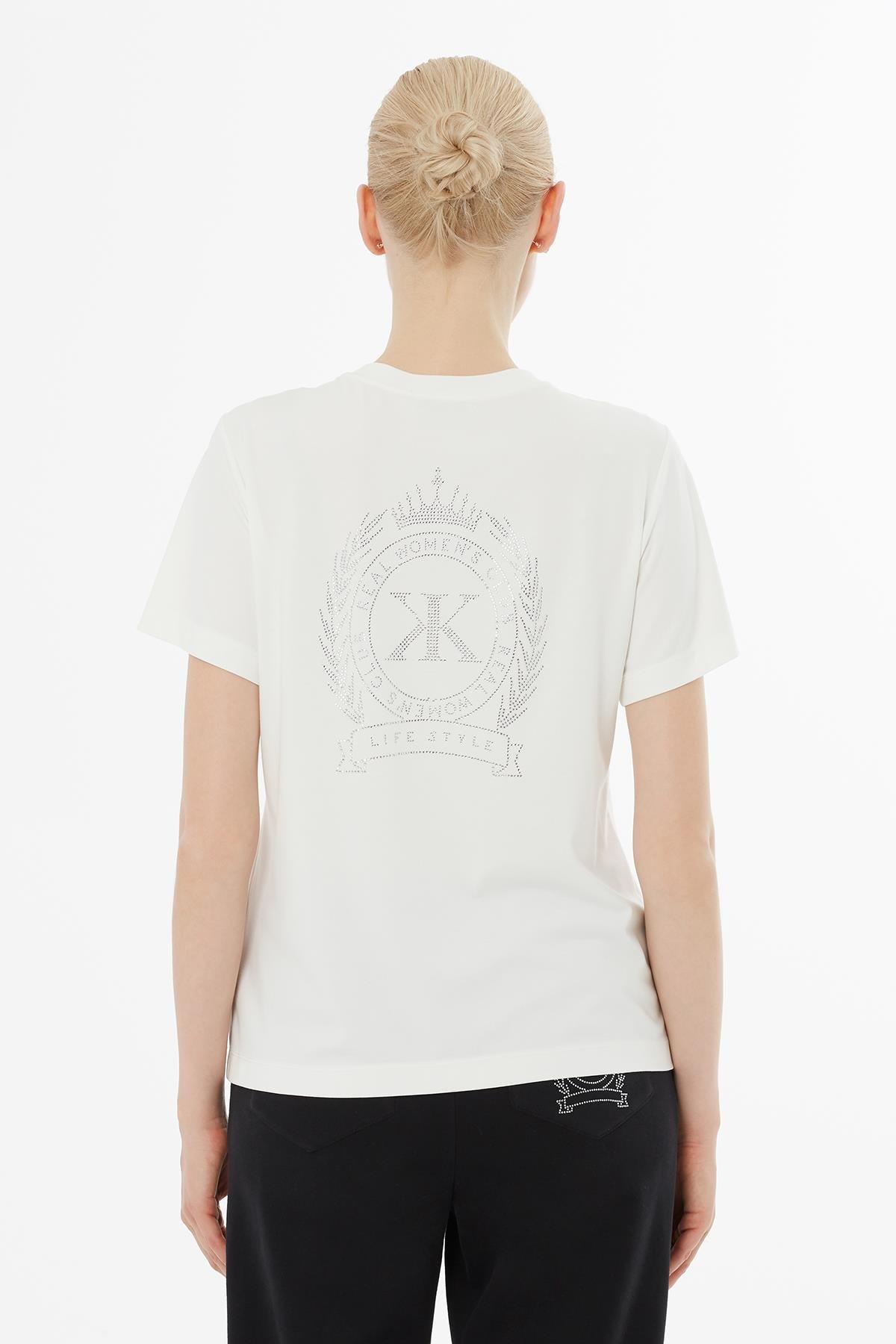 Ecru Blouse with Front Zipper and Back Rhinestone Print