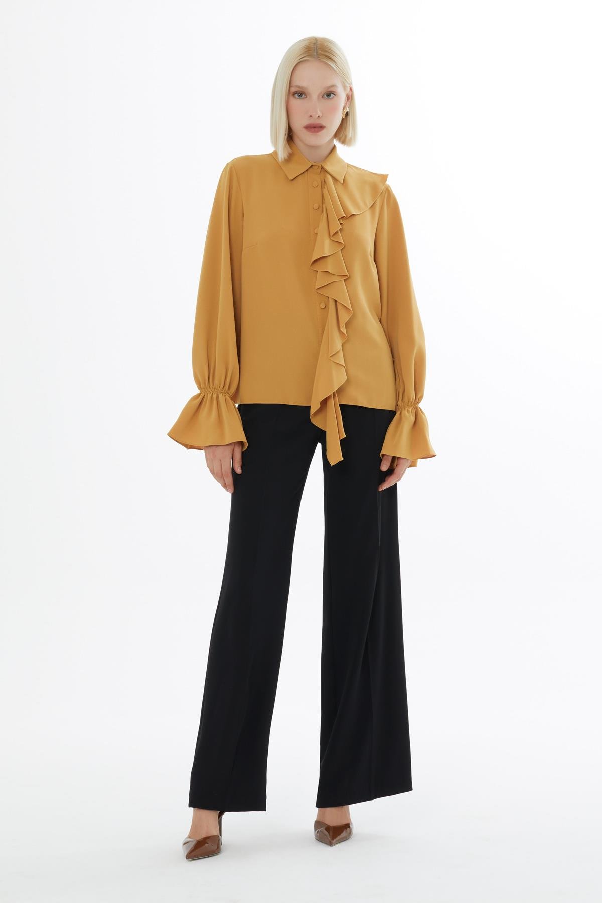 Ruffle Detail Front Ruffle Sleeve Ecru Blouse