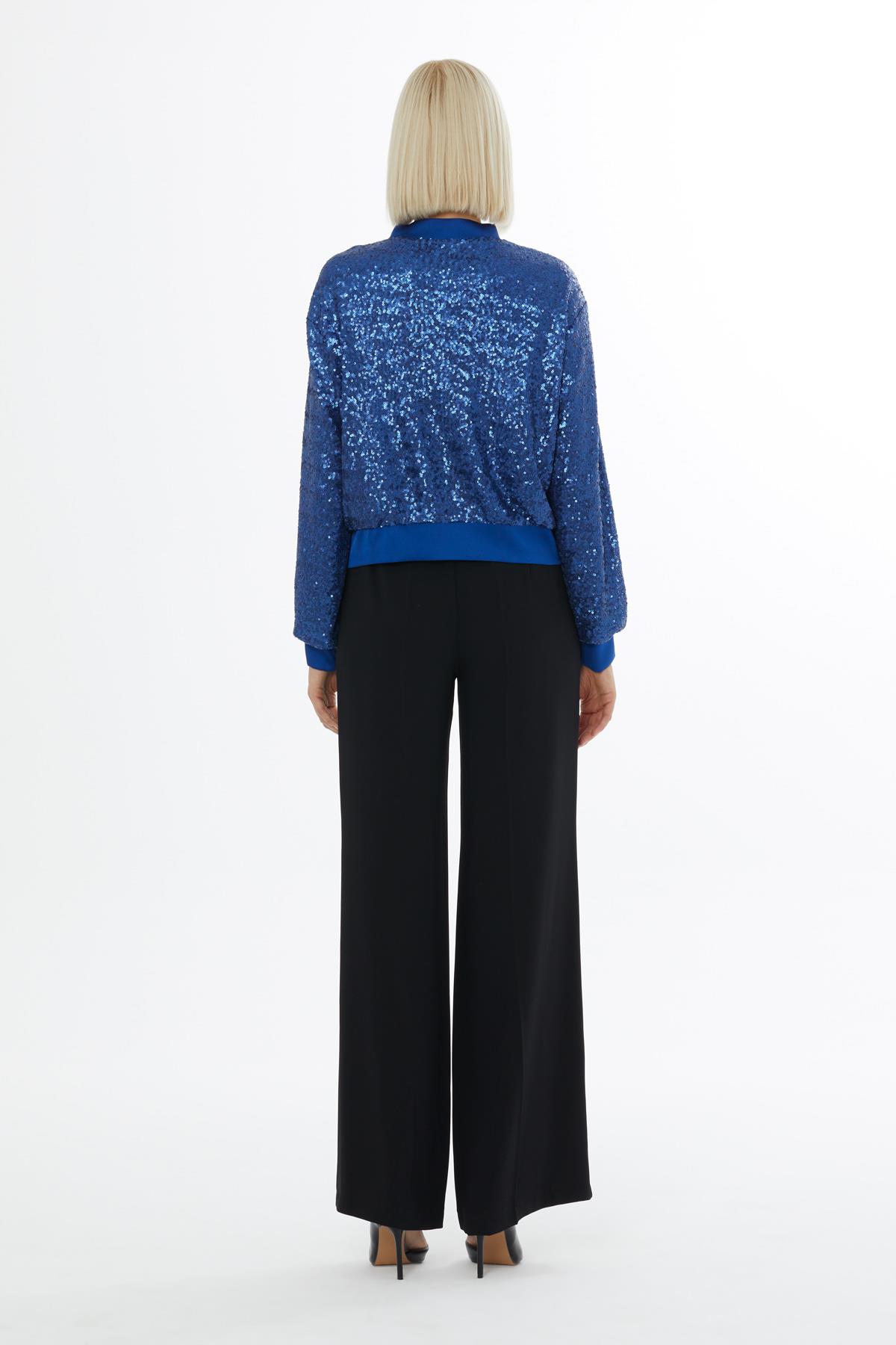 Önü Metal Fermuarlı Pul Payet Bomber Siyah Ceket