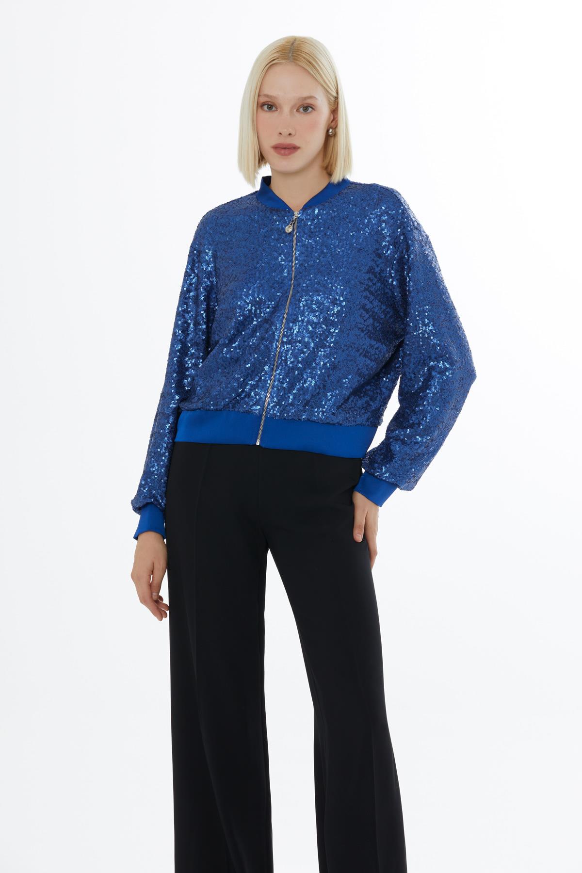 Önü Metal Fermuarlı Pul Payet Bomber Siyah Ceket