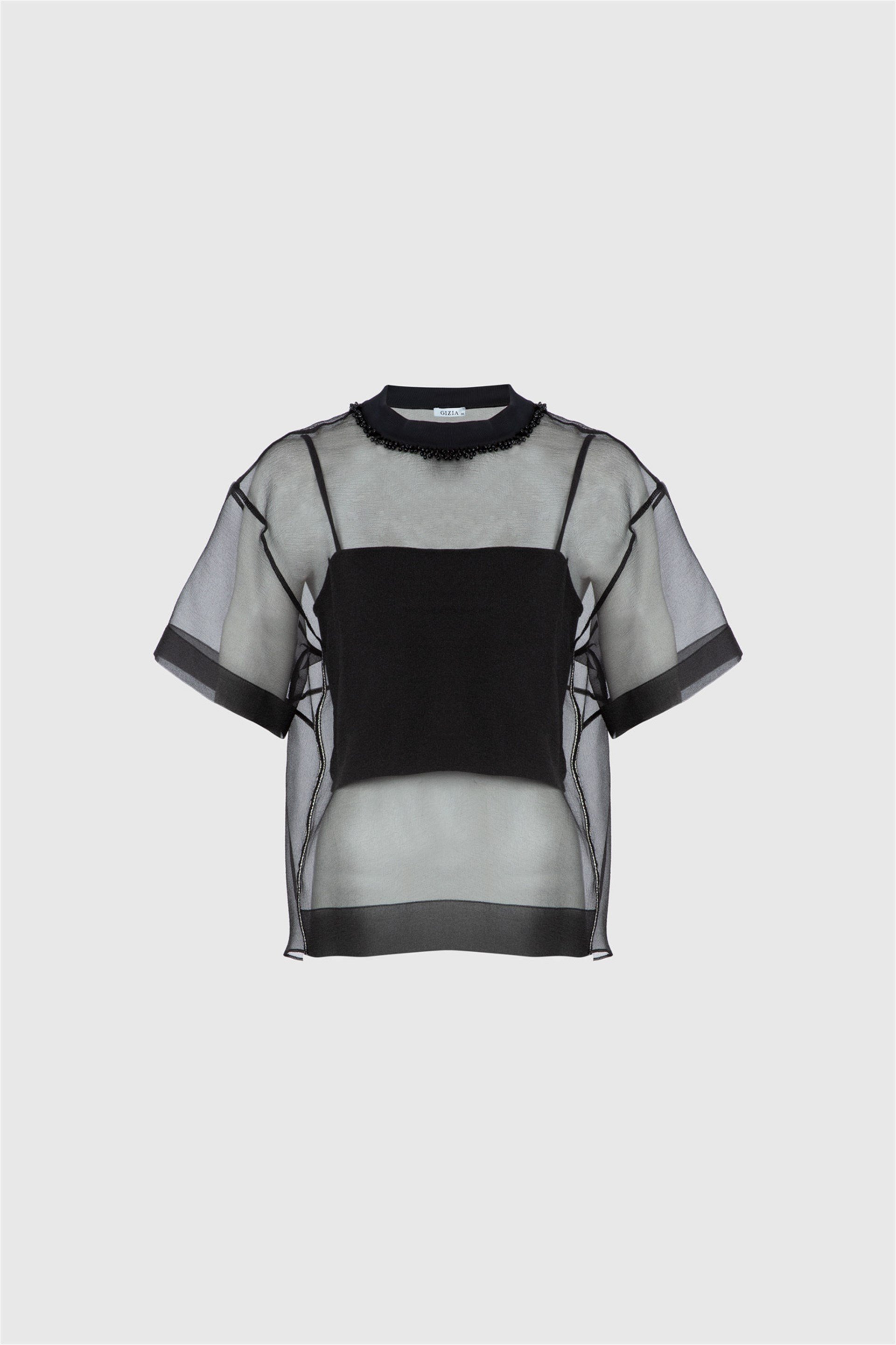 Organze Transparan İç Crop lu İşlemeli Siyah Üst