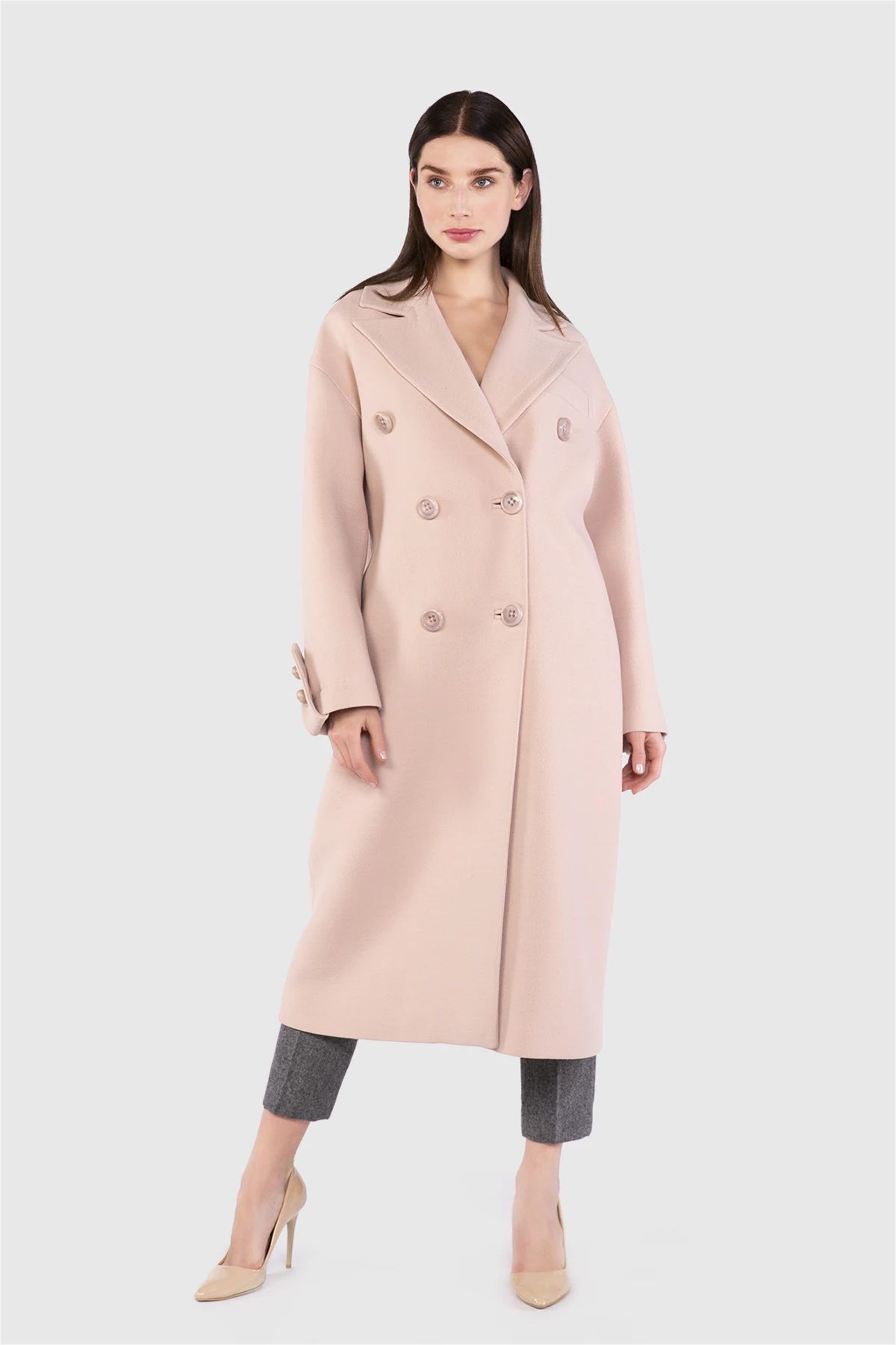 Oversize Düşük Omuz Düğmeli Pudra Kaban