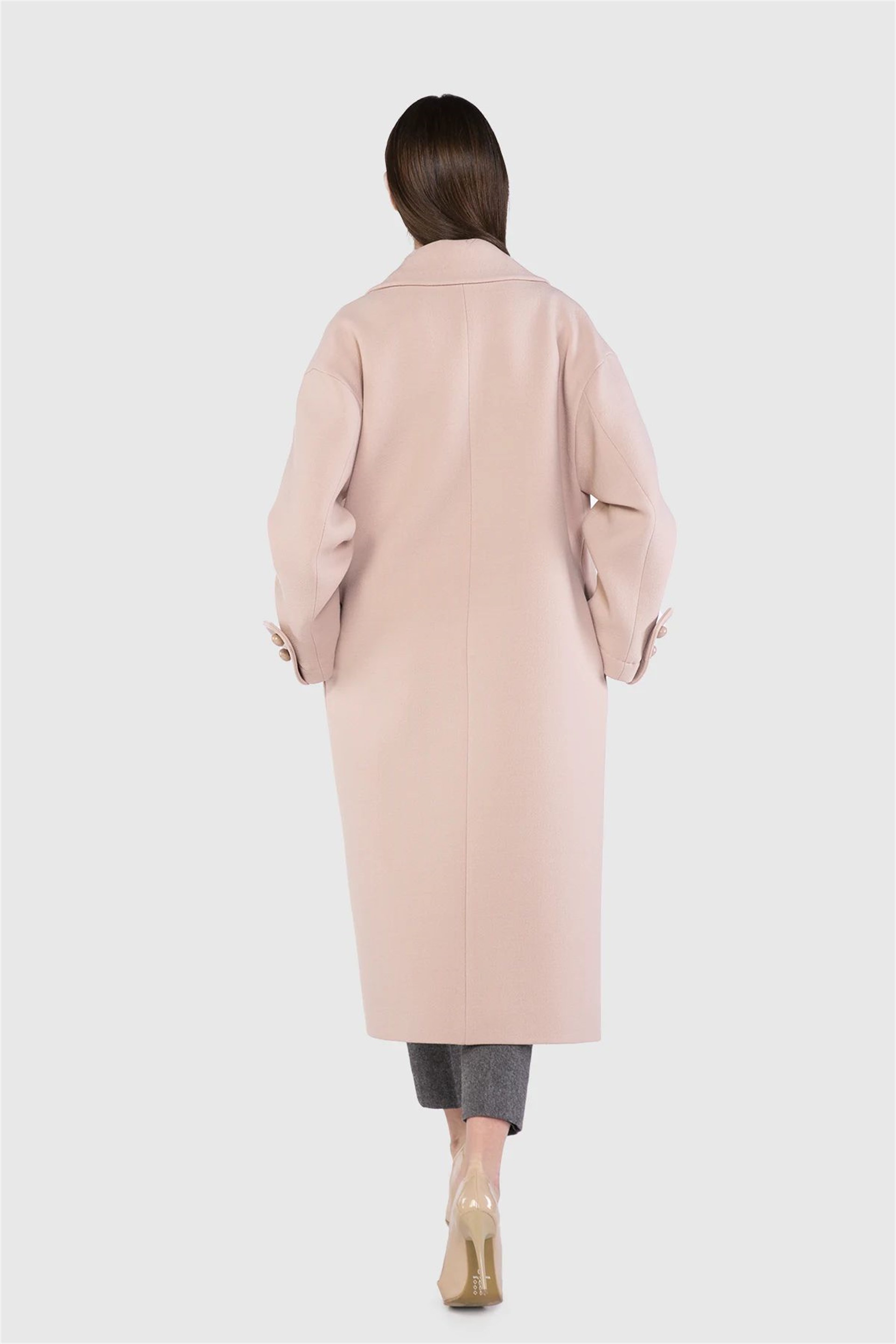Oversize Düşük Omuz Düğmeli Pudra Kaban