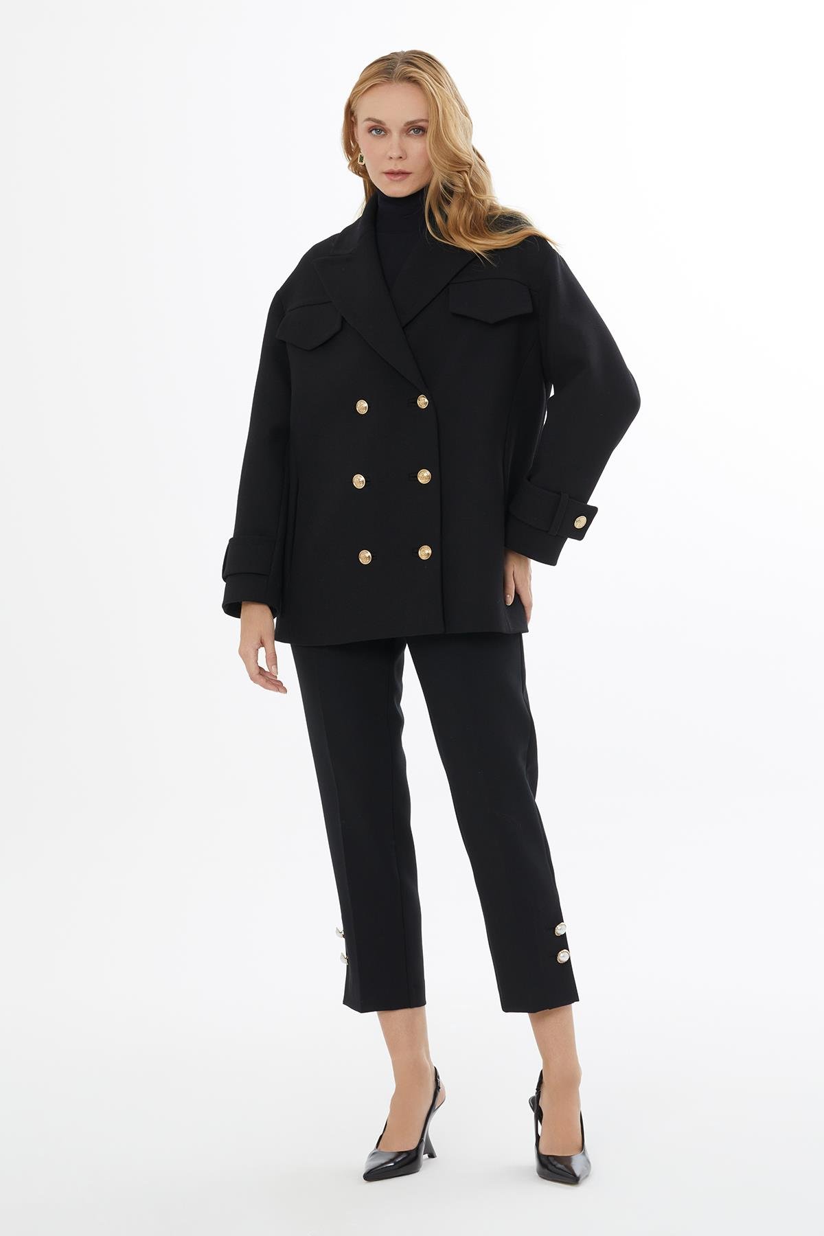 Oversize Kruvaze Düğmeli Siyah Kaban