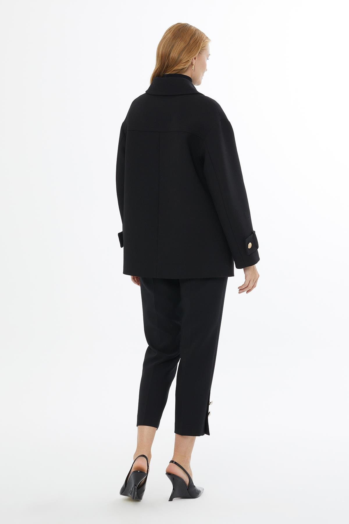 Oversize Kruvaze Düğmeli Siyah Kaban