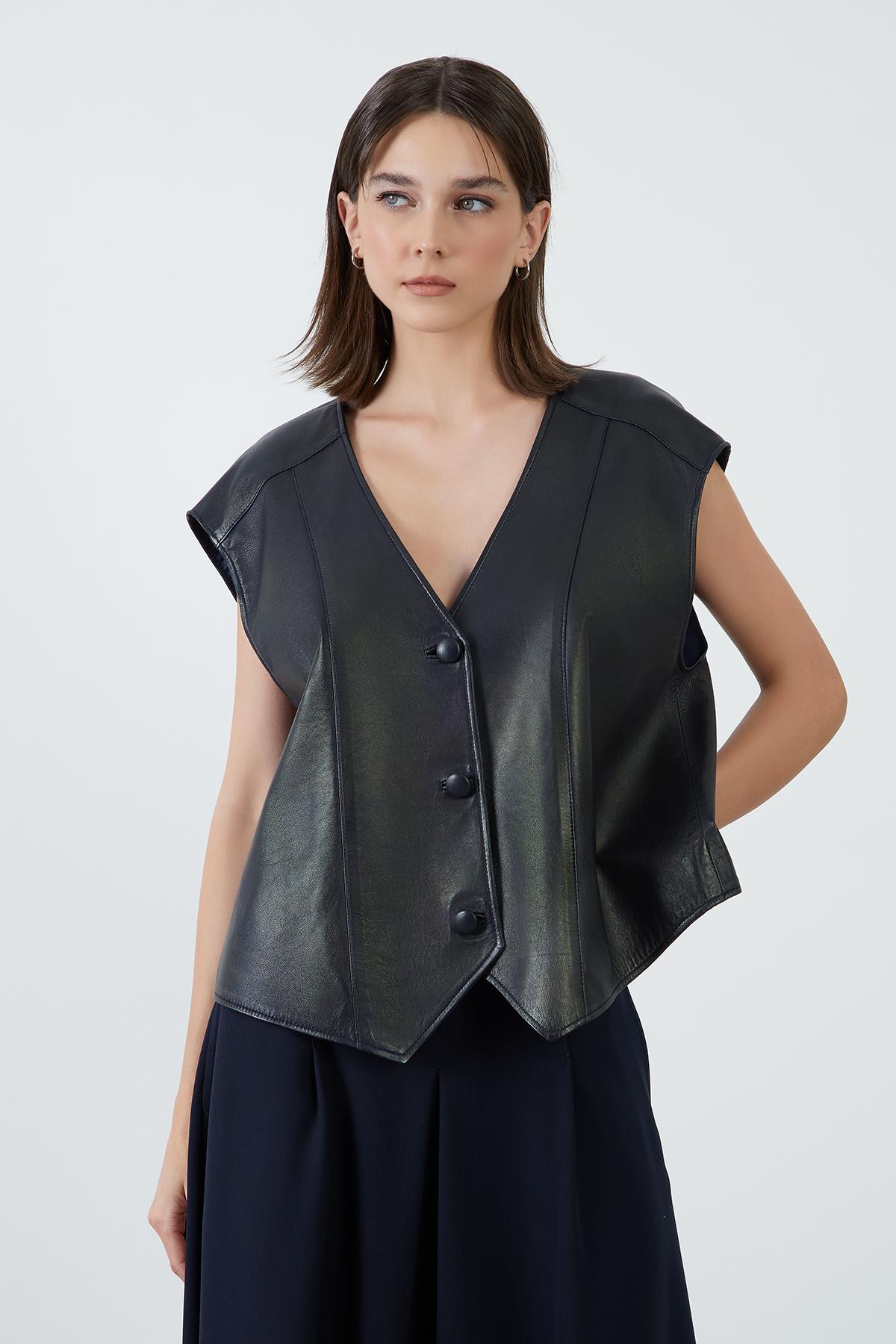 Oversize Lacivert Deri Yelek