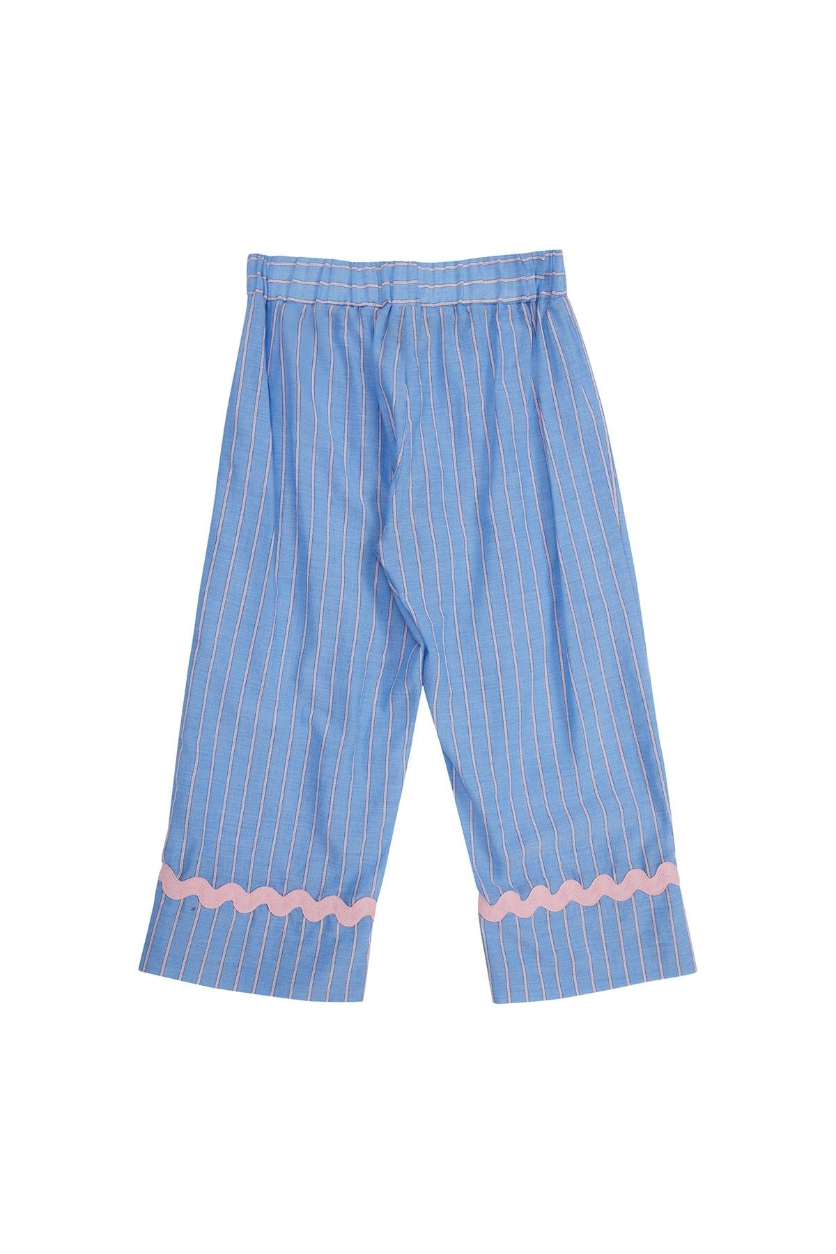 Paça Esprili Çizgili Desenli Mavi Pantolon