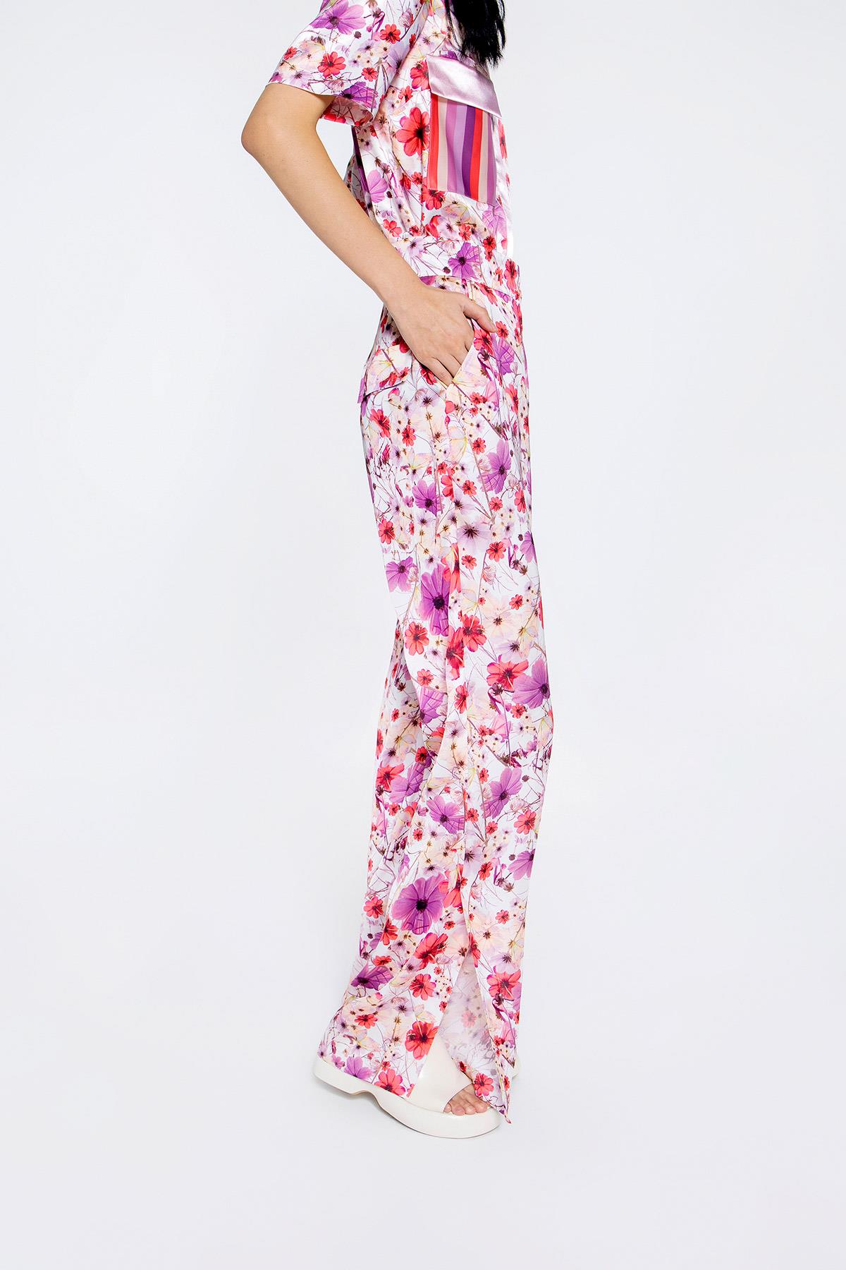 Paça Yırtmaçlı Özel Çiçek Desenli Bol Paça Pembe Pantolon