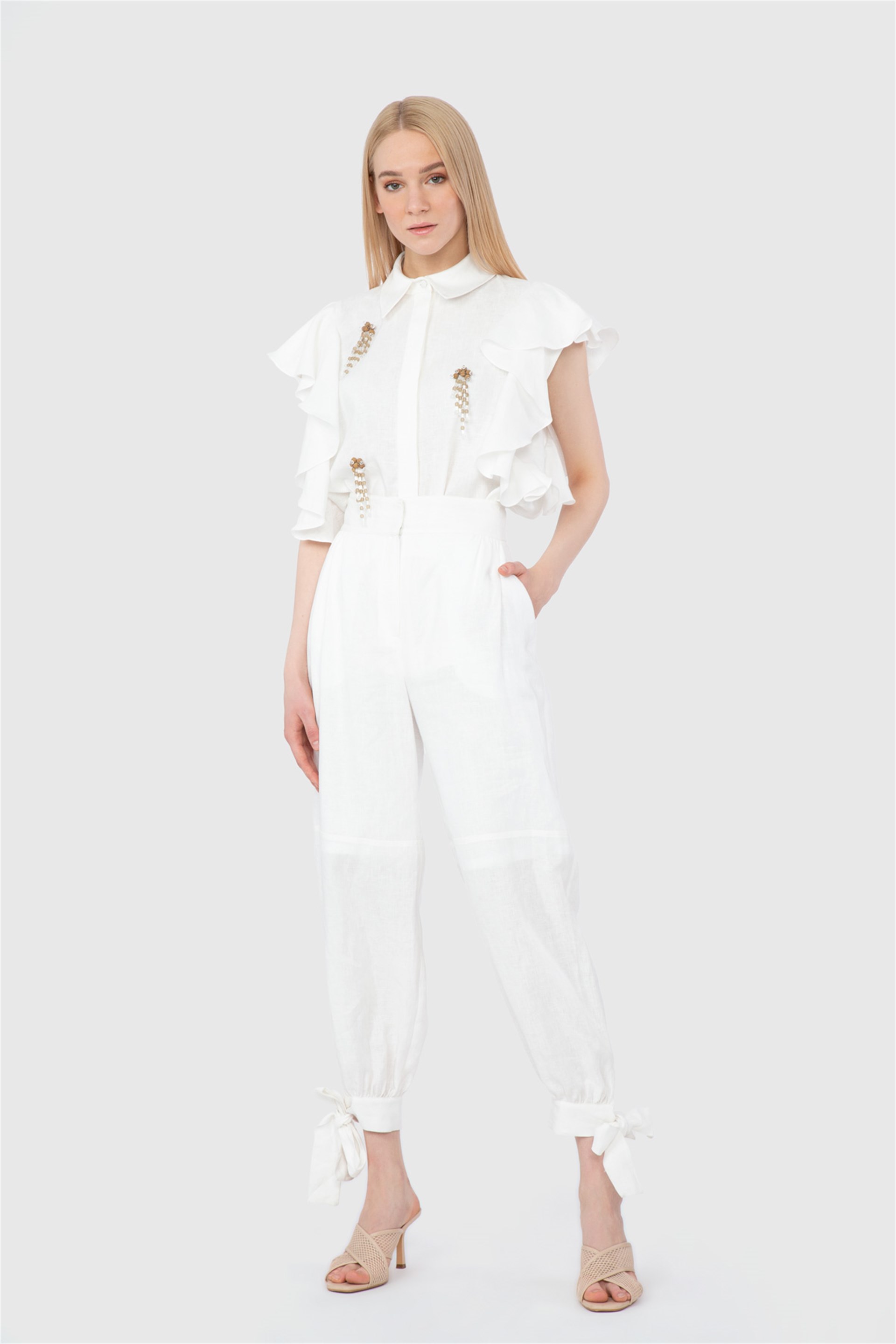 Paçaları Bağlamalı Yüksek Bel Koton Ekru Pantolon