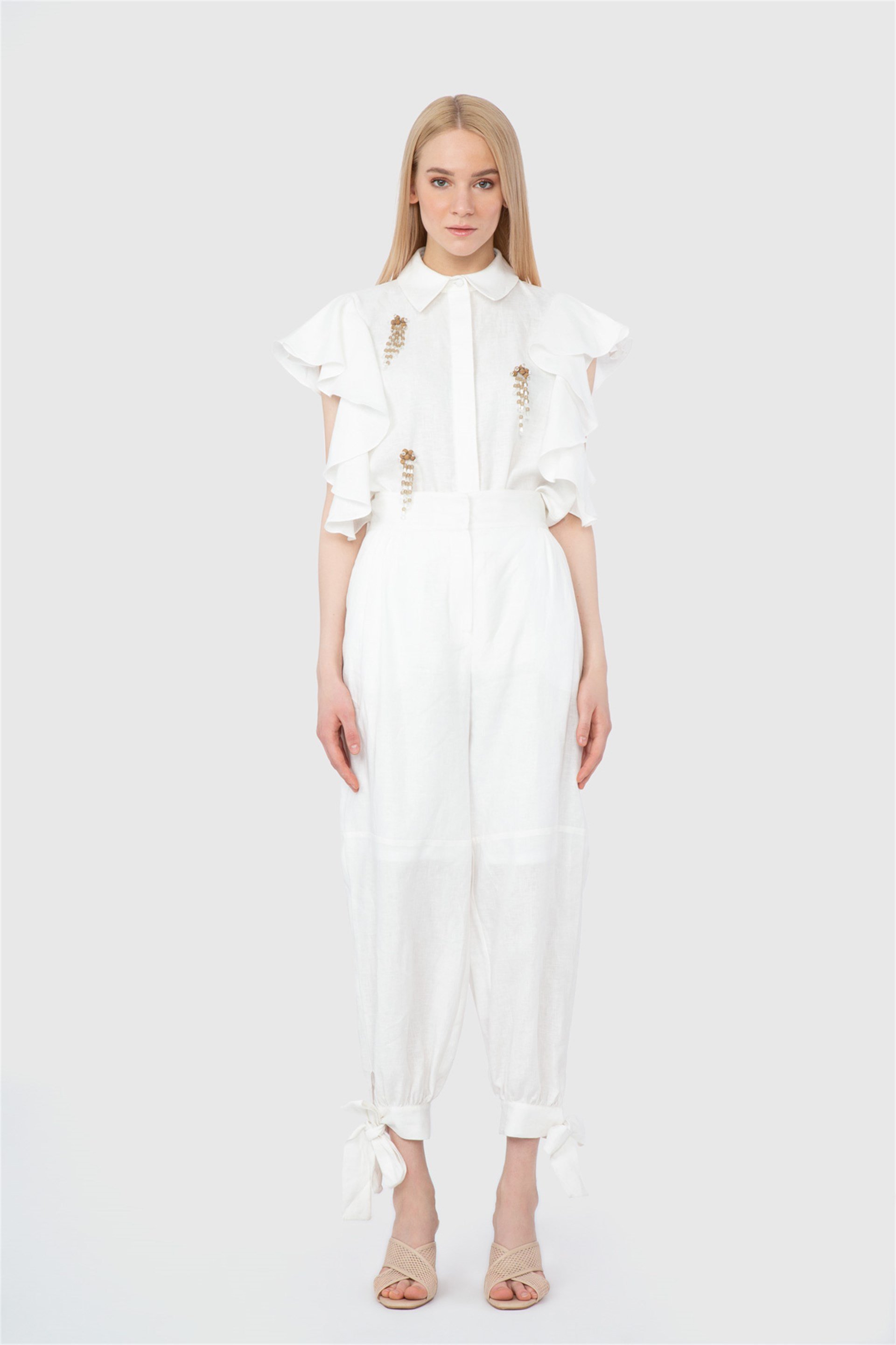 Paçaları Bağlamalı Yüksek Bel Koton Ekru Pantolon