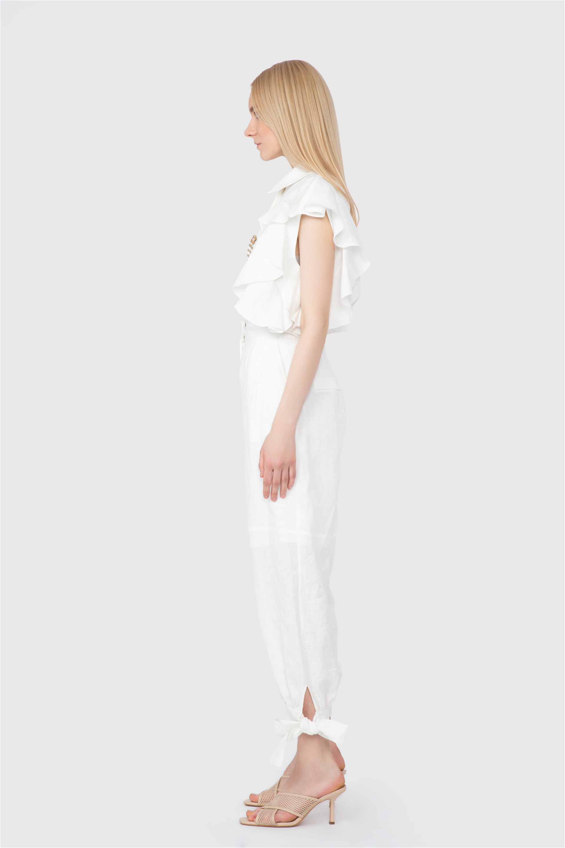 Paçaları Bağlamalı Yüksek Bel Koton Ekru Pantolon