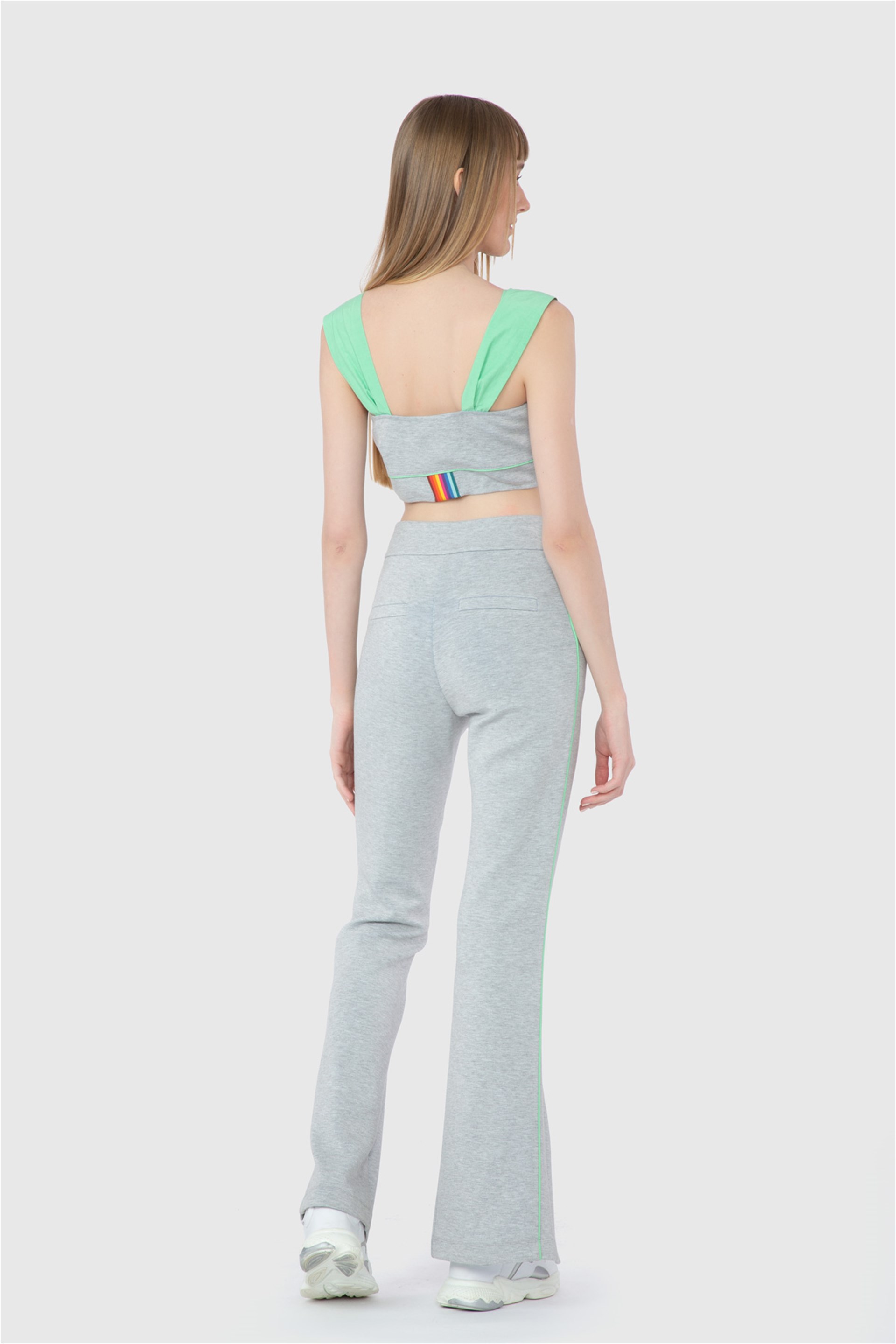 Embroidery Logo High Waist Gray Trousers With Slit Legs