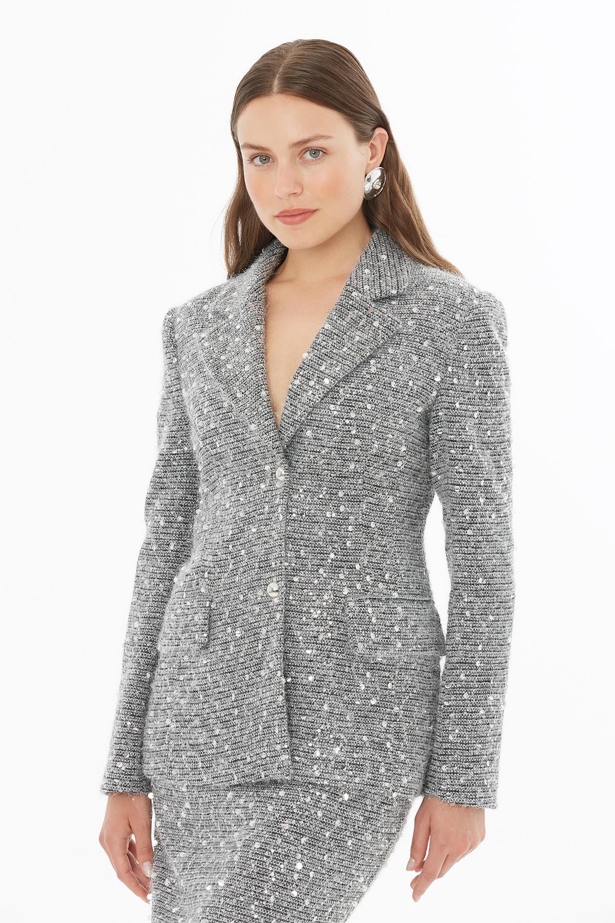 Parlak Dokulu Düğmeli Gri Blazer Ceket