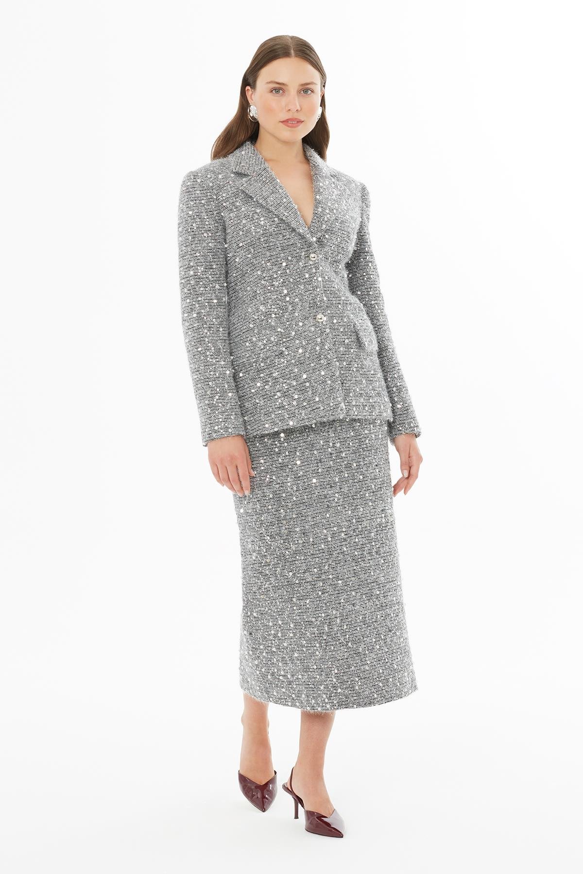 Parlak Dokulu Düğmeli Gri Blazer Ceket