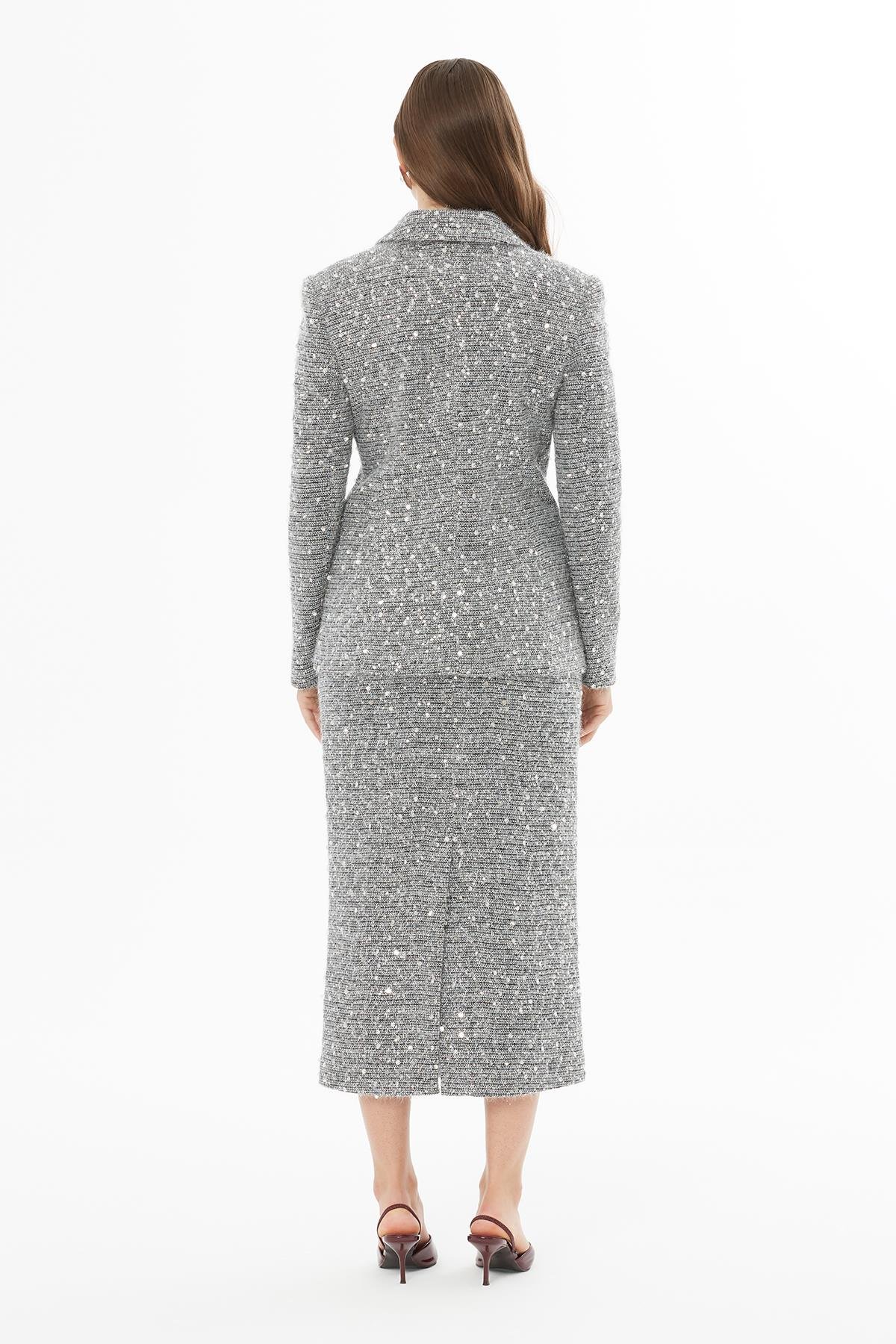 Parlak Dokulu Düğmeli Gri Blazer Ceket