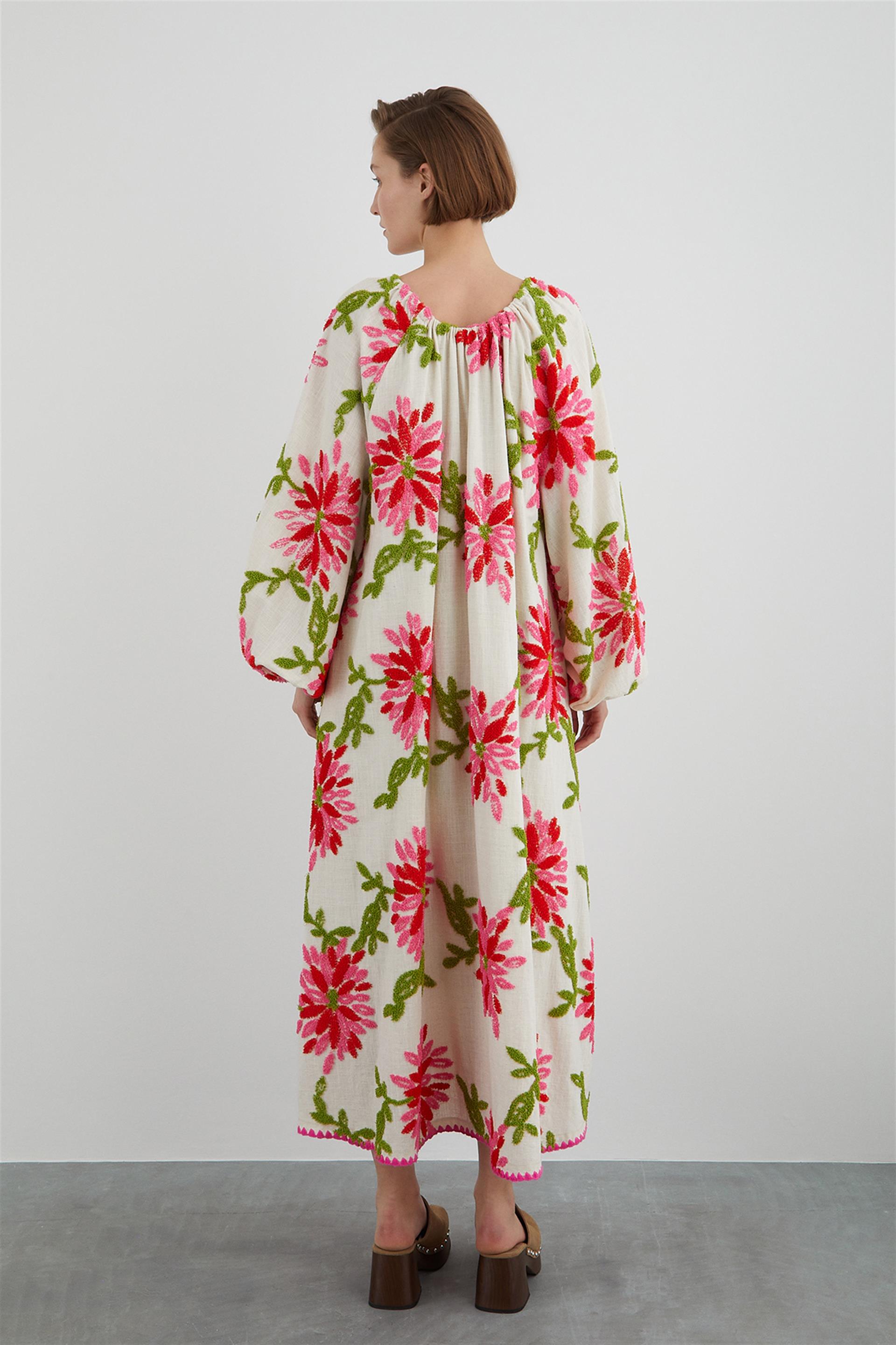 Boyundan Bağcıklı Desenli Pembe Elbise