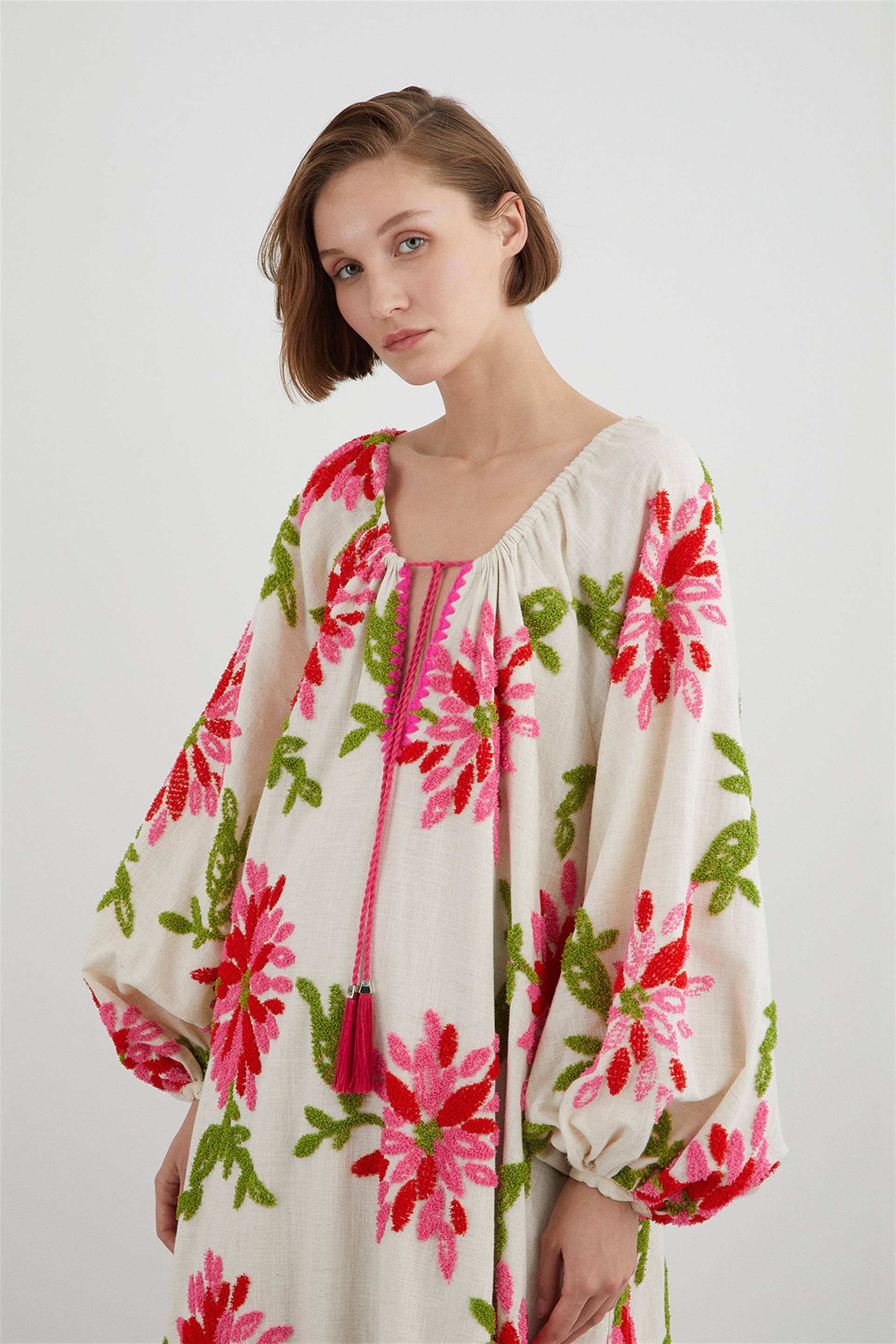 Boyundan Bağcıklı Desenli Pembe Elbise