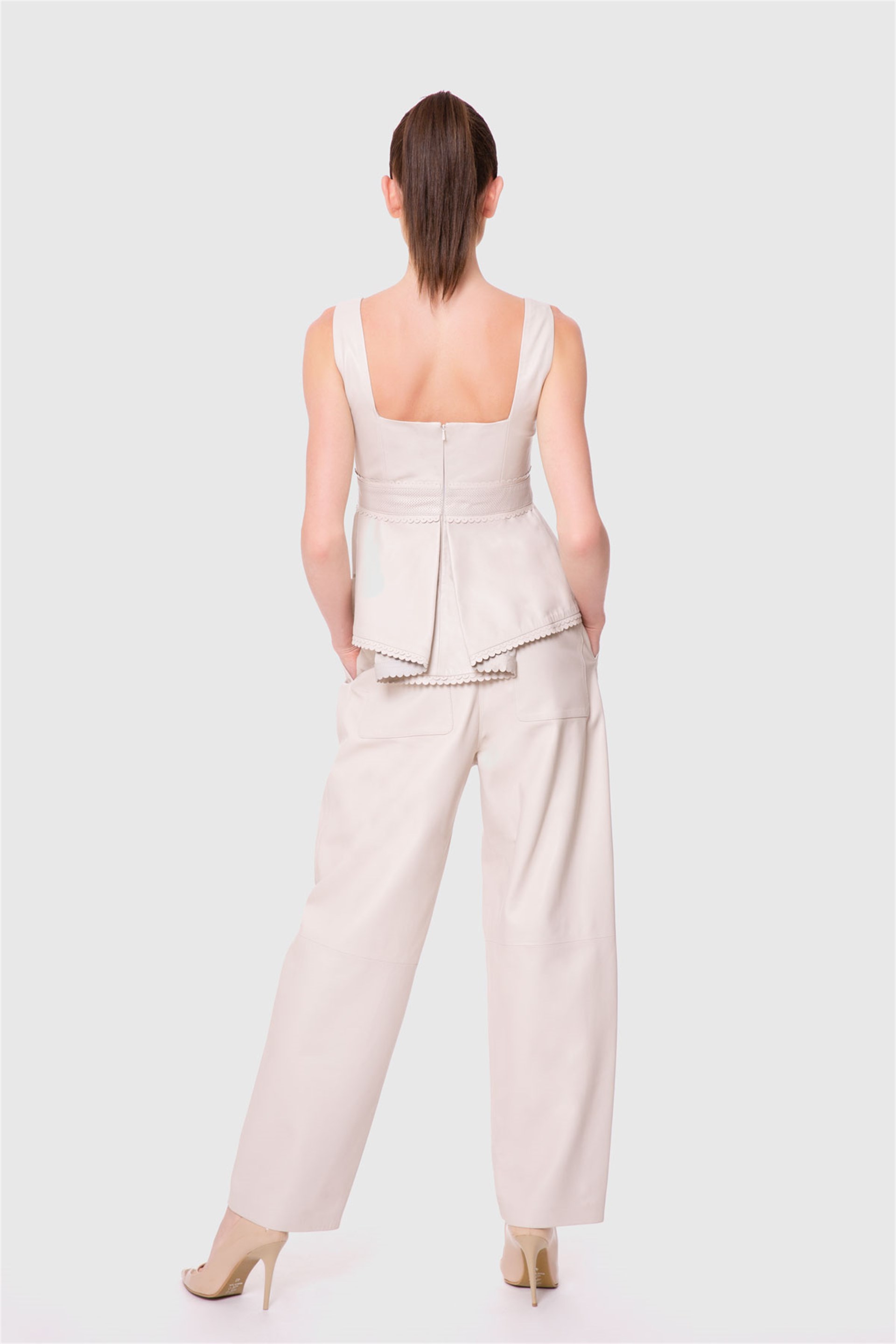 Peplum Askılı Deri Bluz