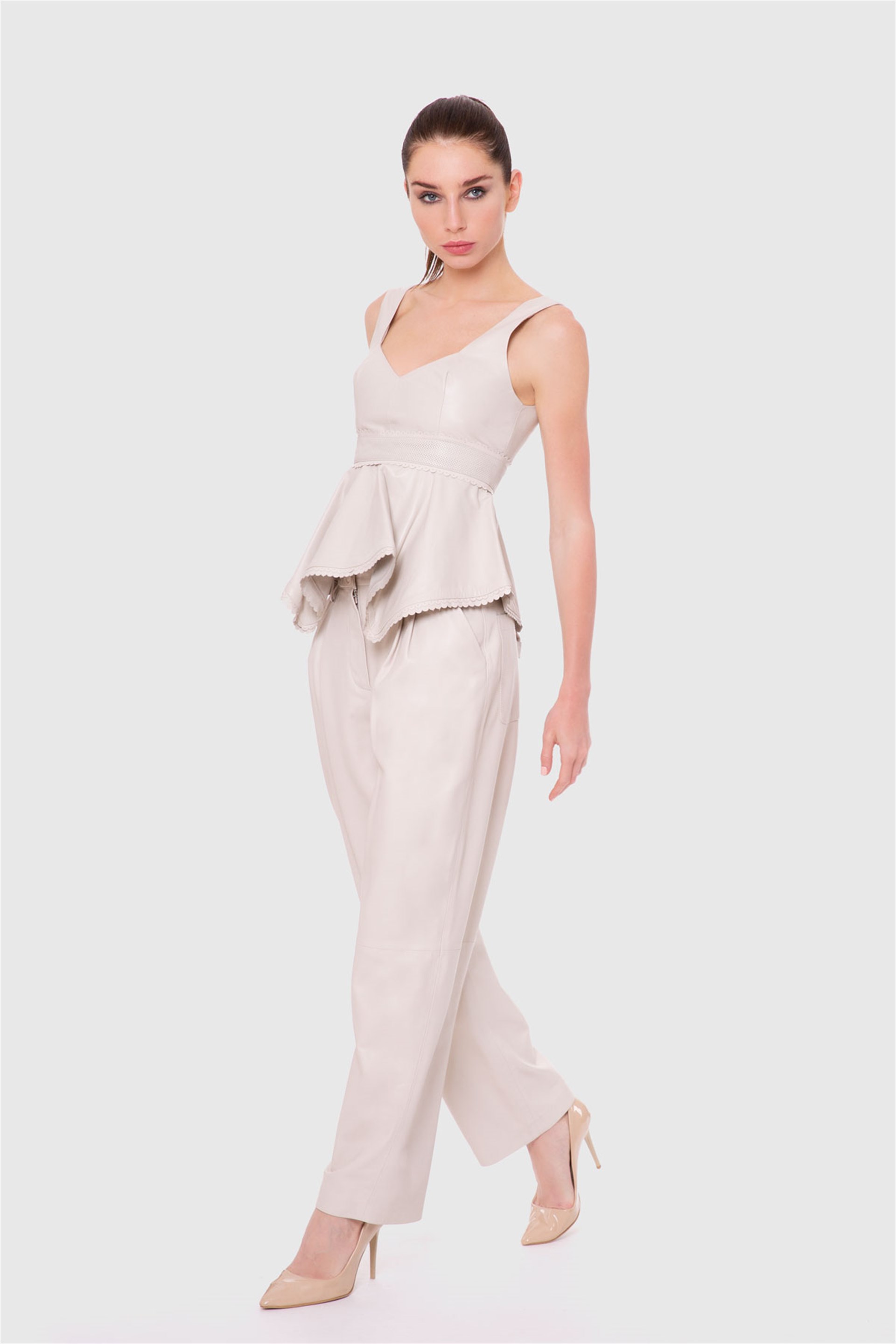 Peplum Askılı Deri Bluz