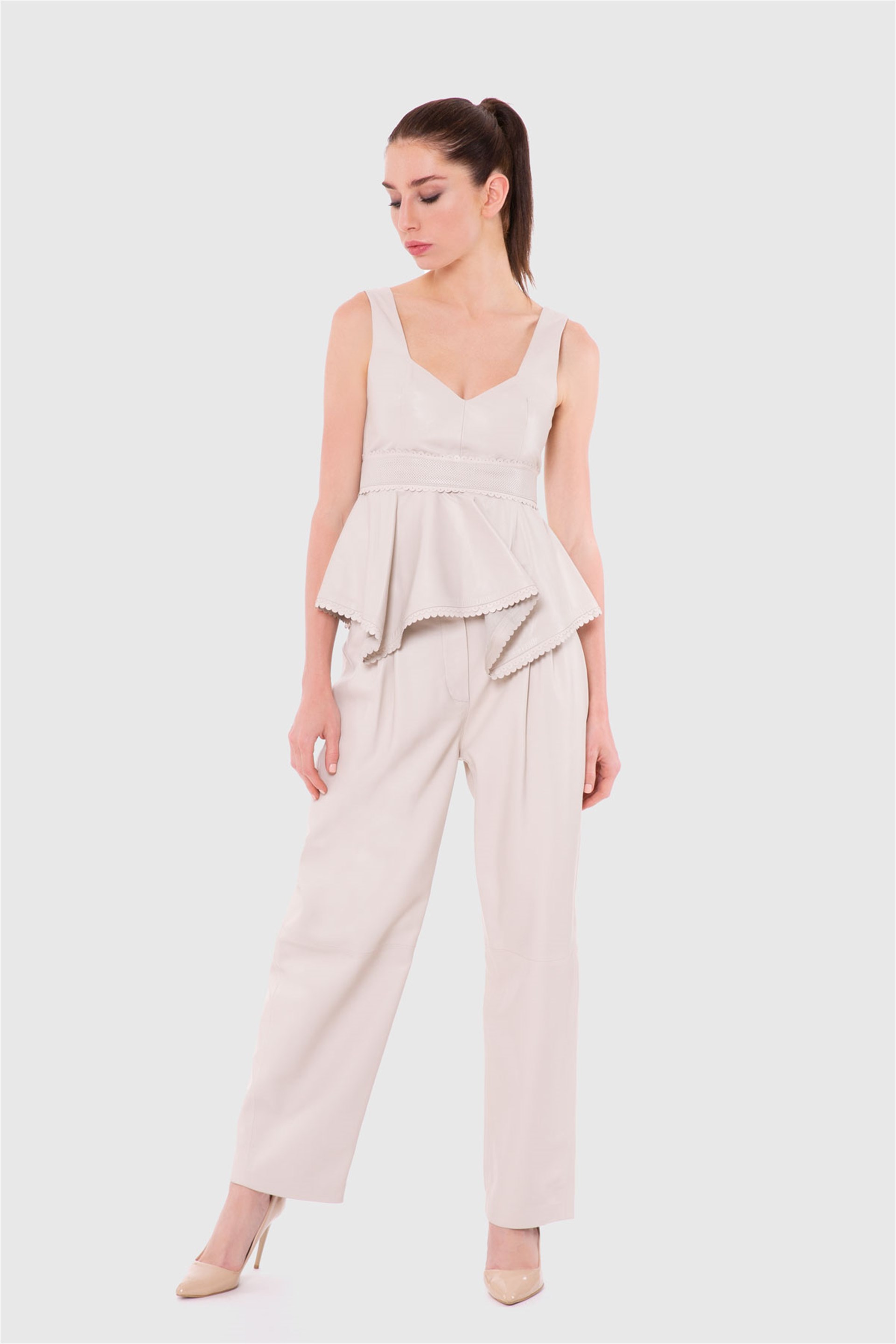 Peplum Askılı Deri Bluz