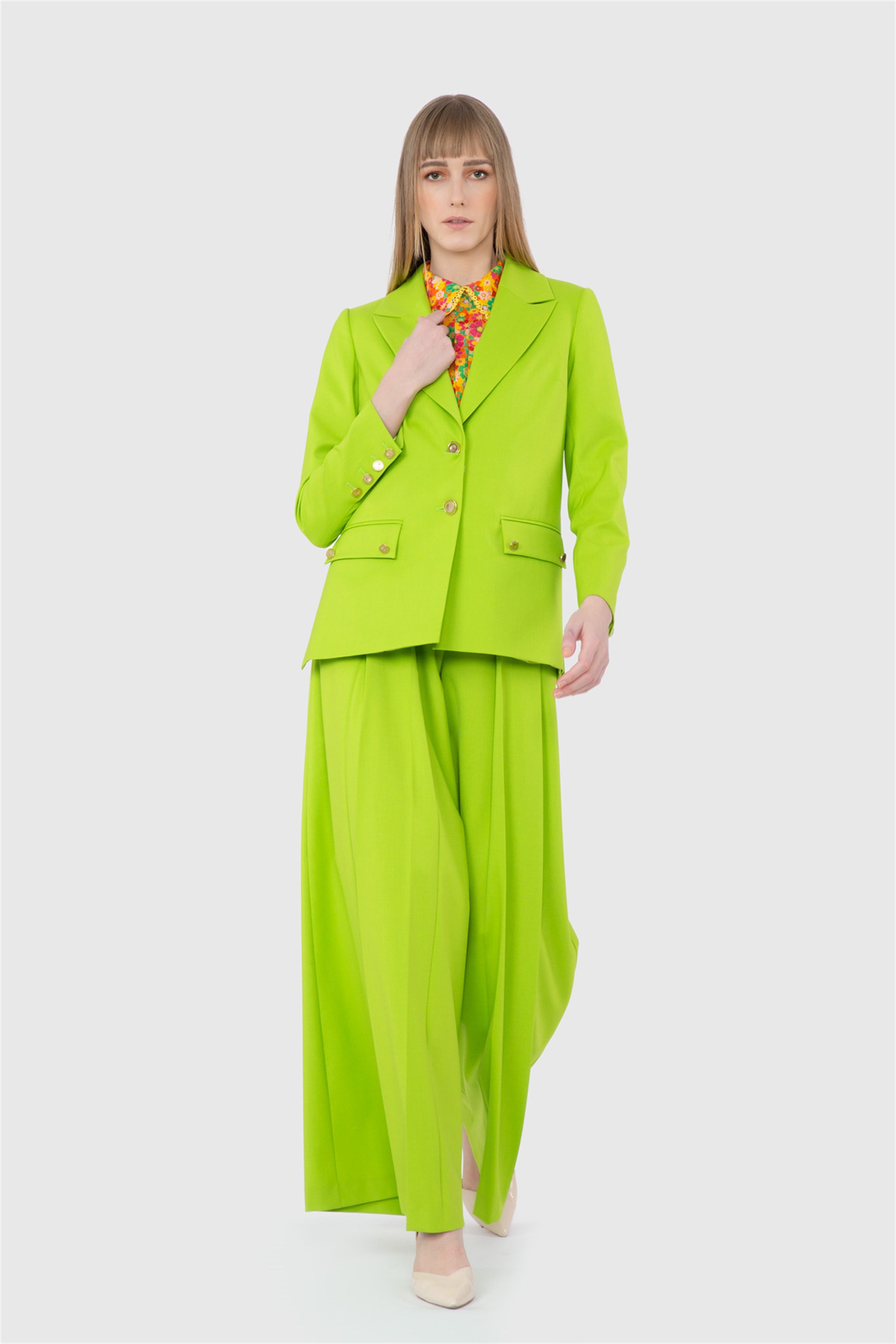 Pleat Detailed High Waist Green Trousers