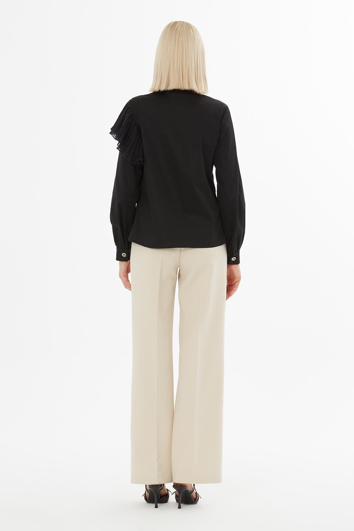 Black Shirt with Pleats and Rose Embellishment