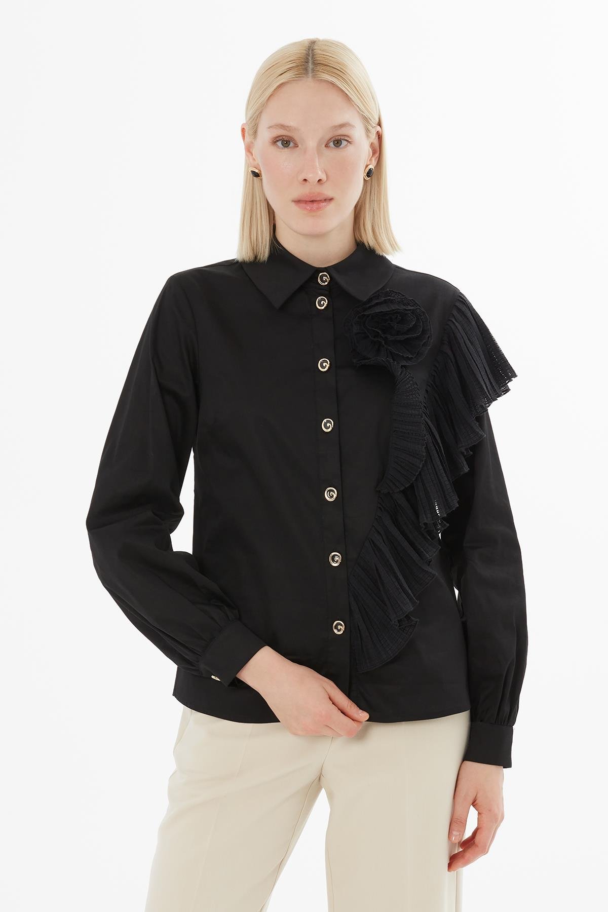 Black Shirt with Pleats and Rose Embellishment