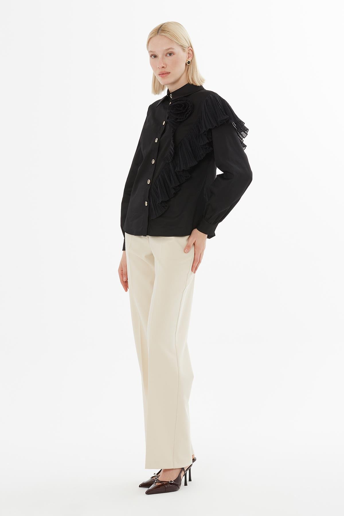 Black Shirt with Pleats and Rose Embellishment