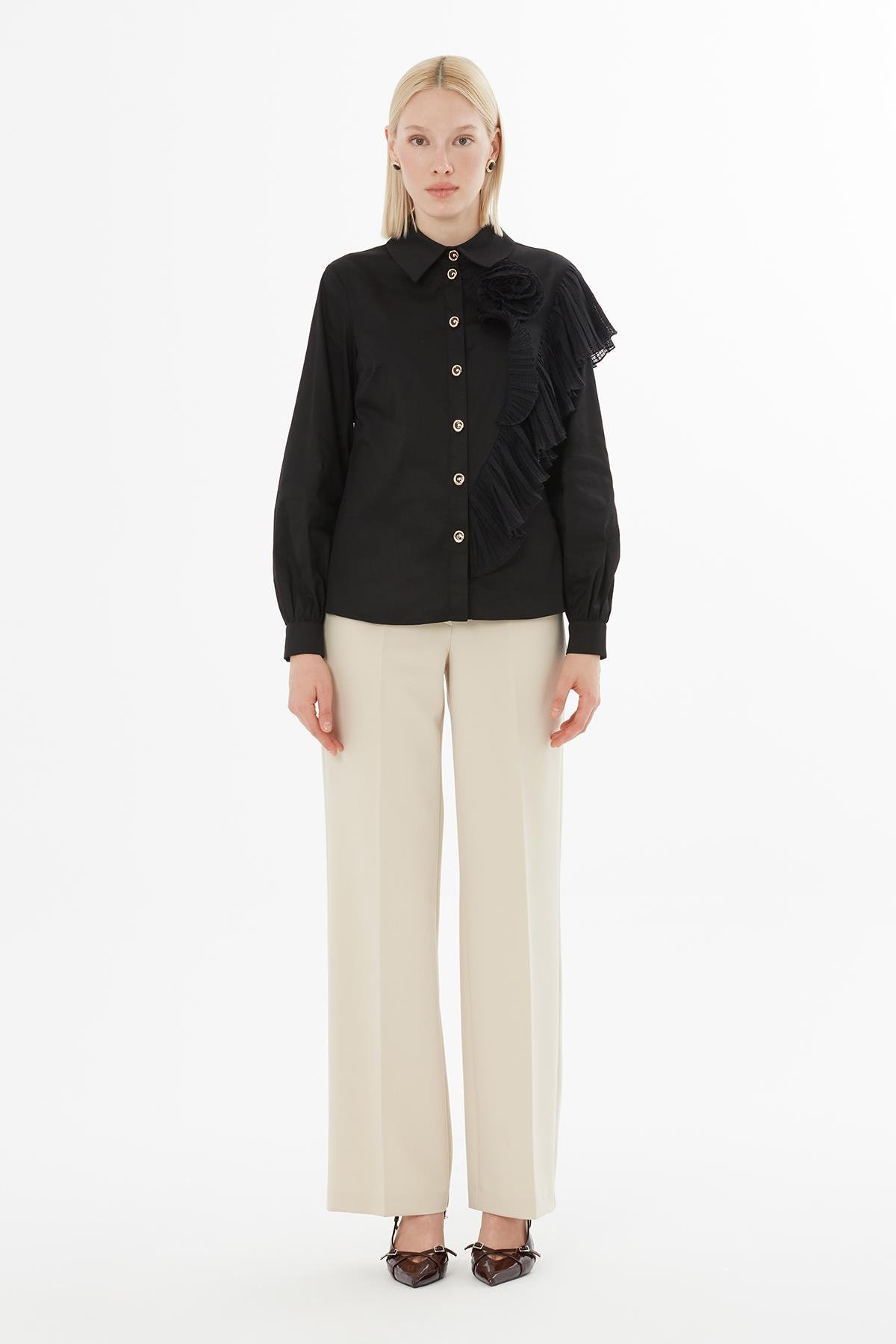 Black Shirt with Pleats and Rose Embellishment