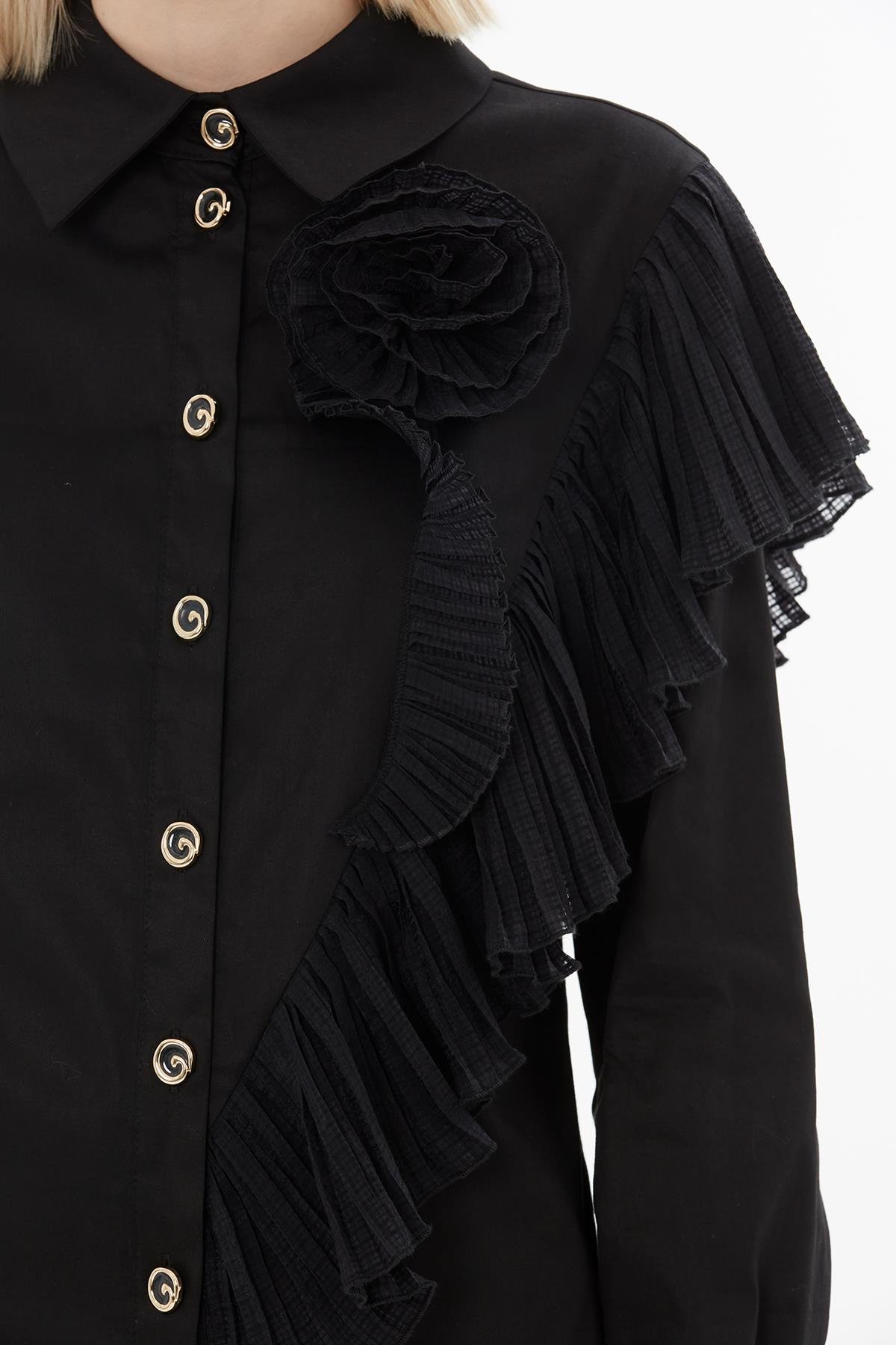 Black Shirt with Pleats and Rose Embellishment