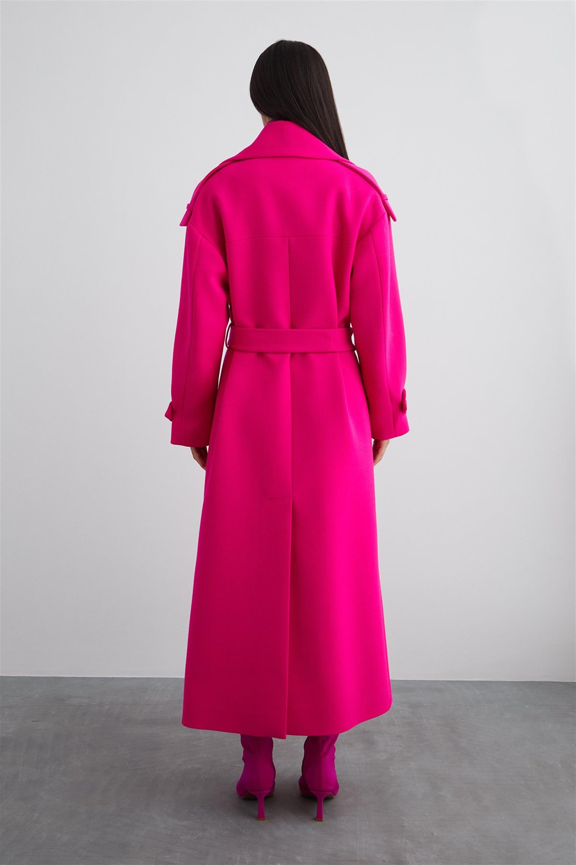 Kruvaze  Kapama Apolet Detay Kuşaklı Siyah Kaban