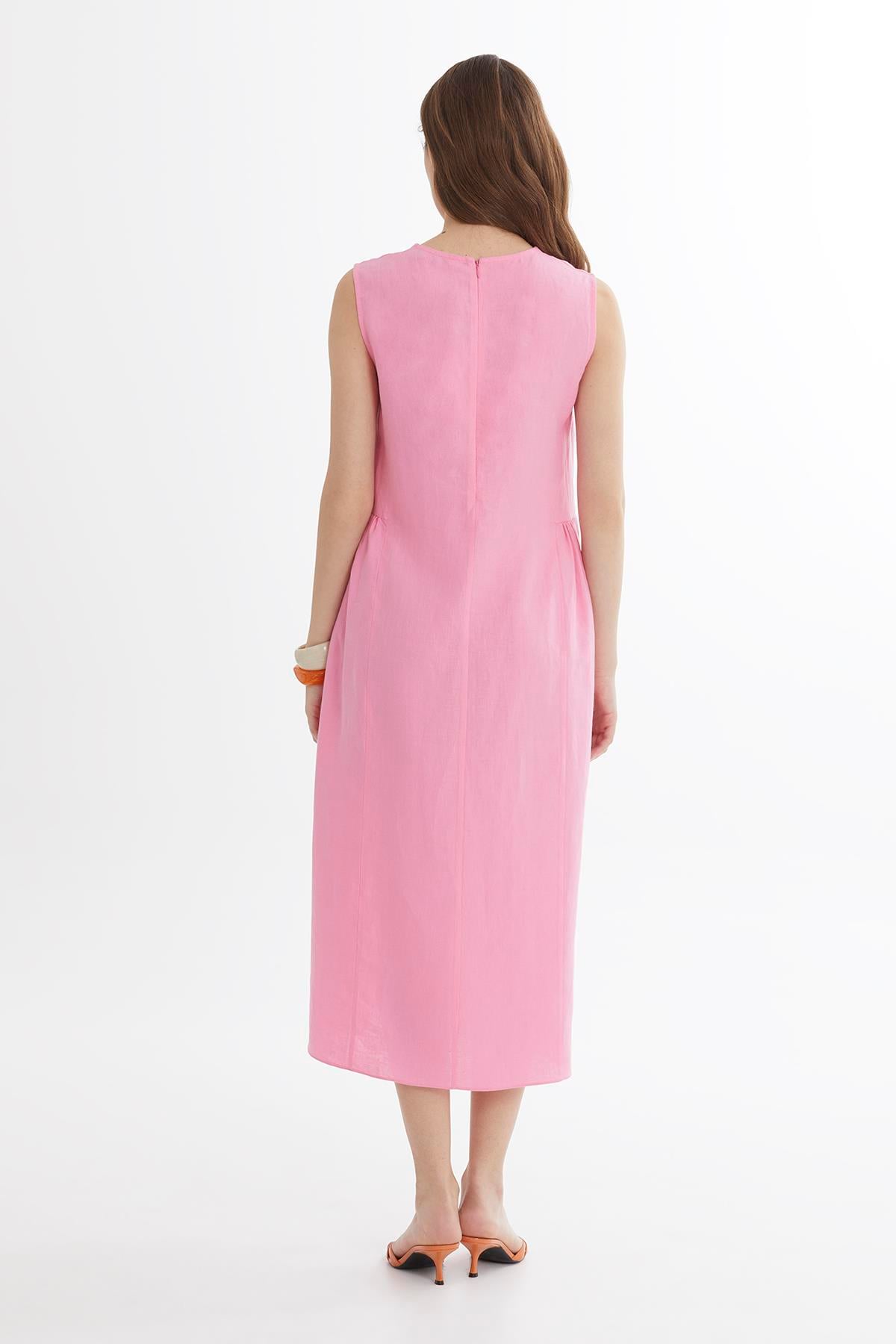 Pink Color Canvas Embroidered Linen Midi Dress