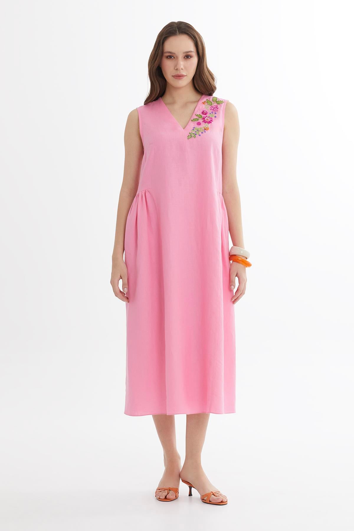 Pink Color Canvas Embroidered Linen Midi Dress