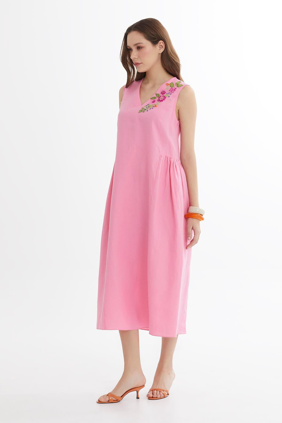 Pink Color Canvas Embroidered Linen Midi Dress