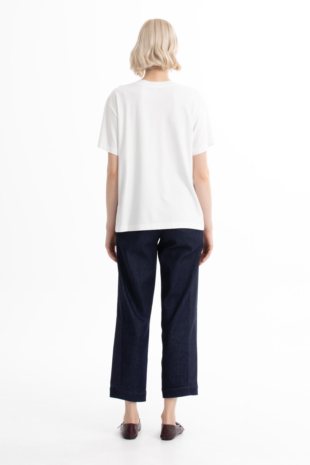 Ecru Pleated and Embroidered Floral Accent T-Shirt