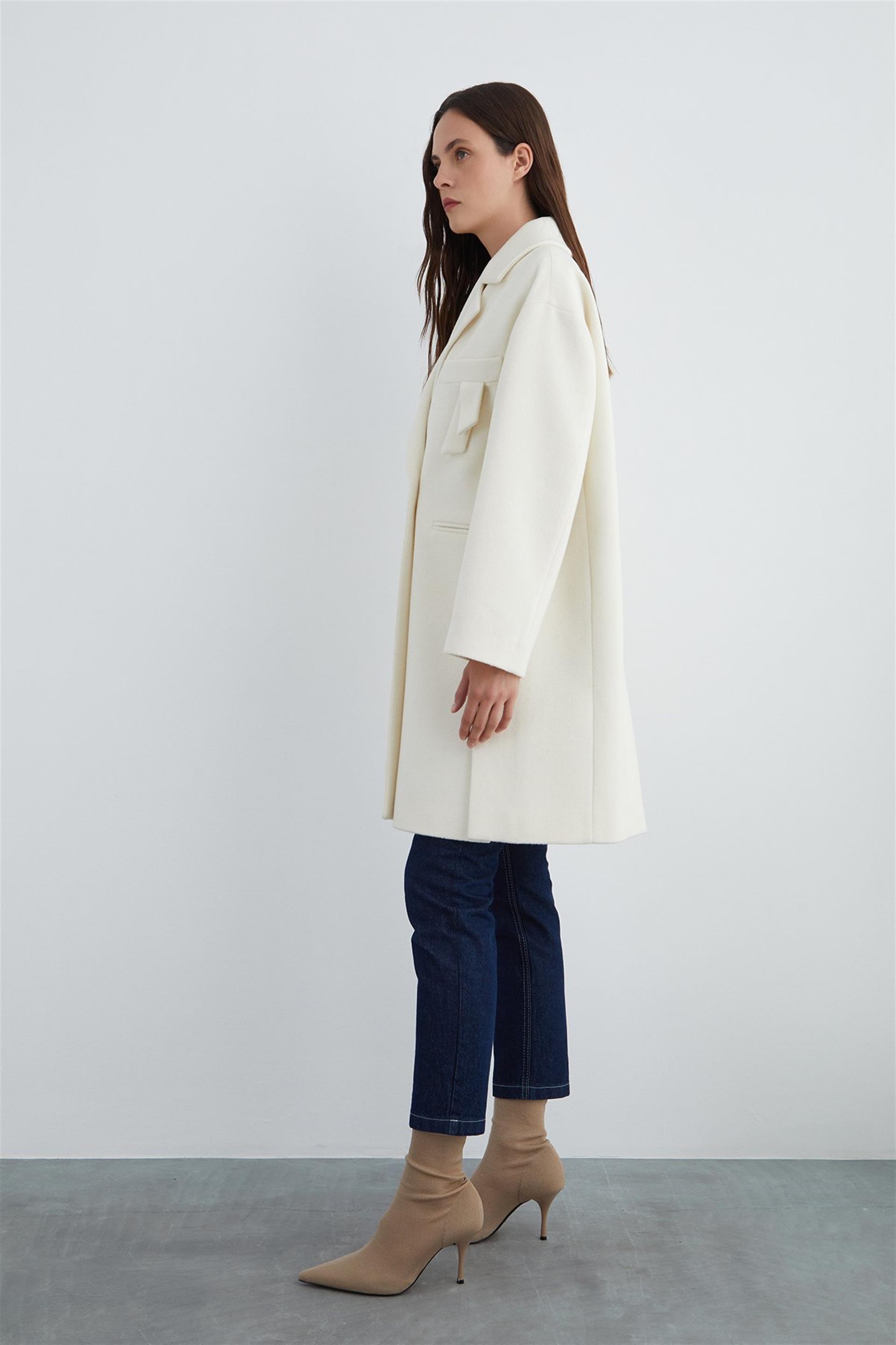 Cep Altı Model Detaylı Uzun Ekru Kaban