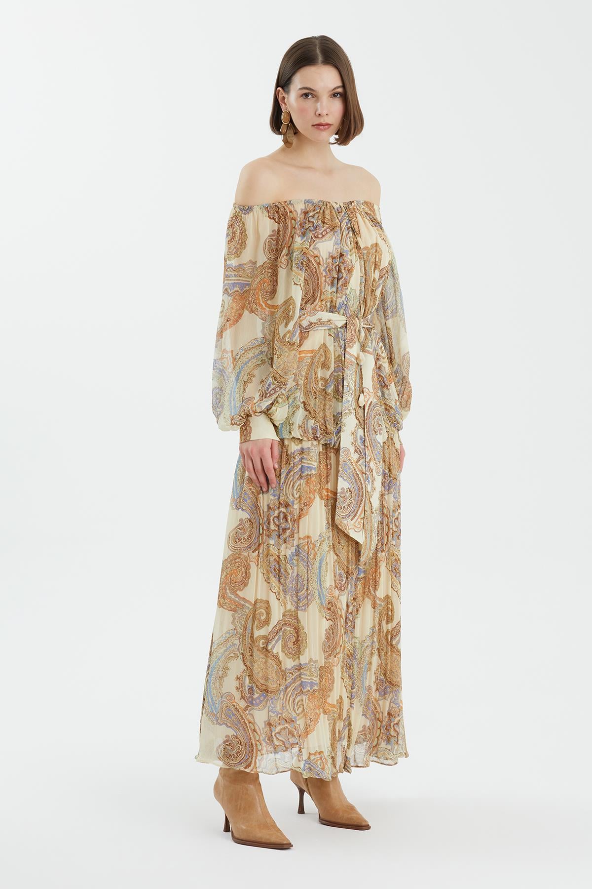 Puff Sleeve Gathered Printed Dress