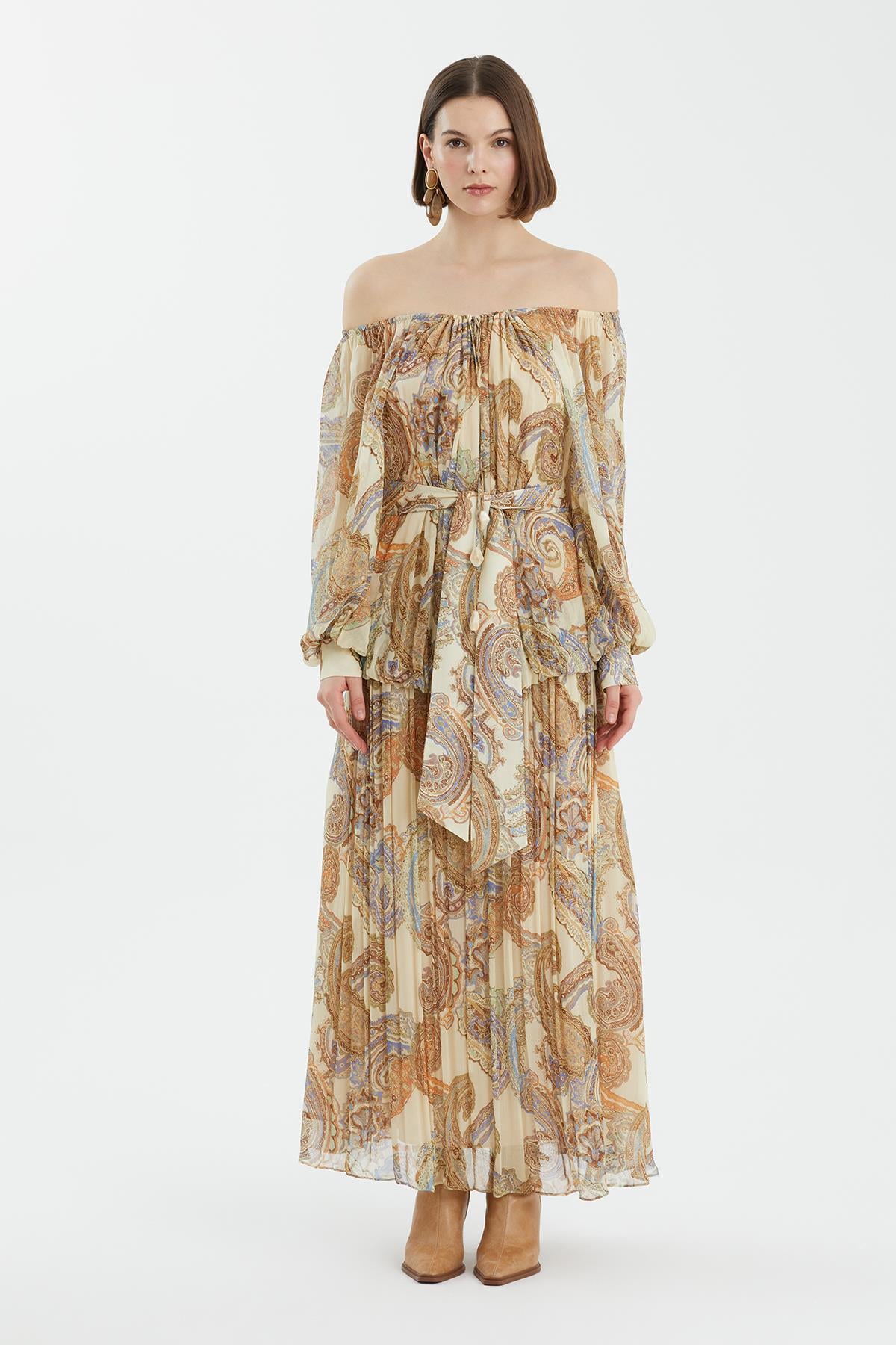 Puff Sleeve Gathered Printed Dress