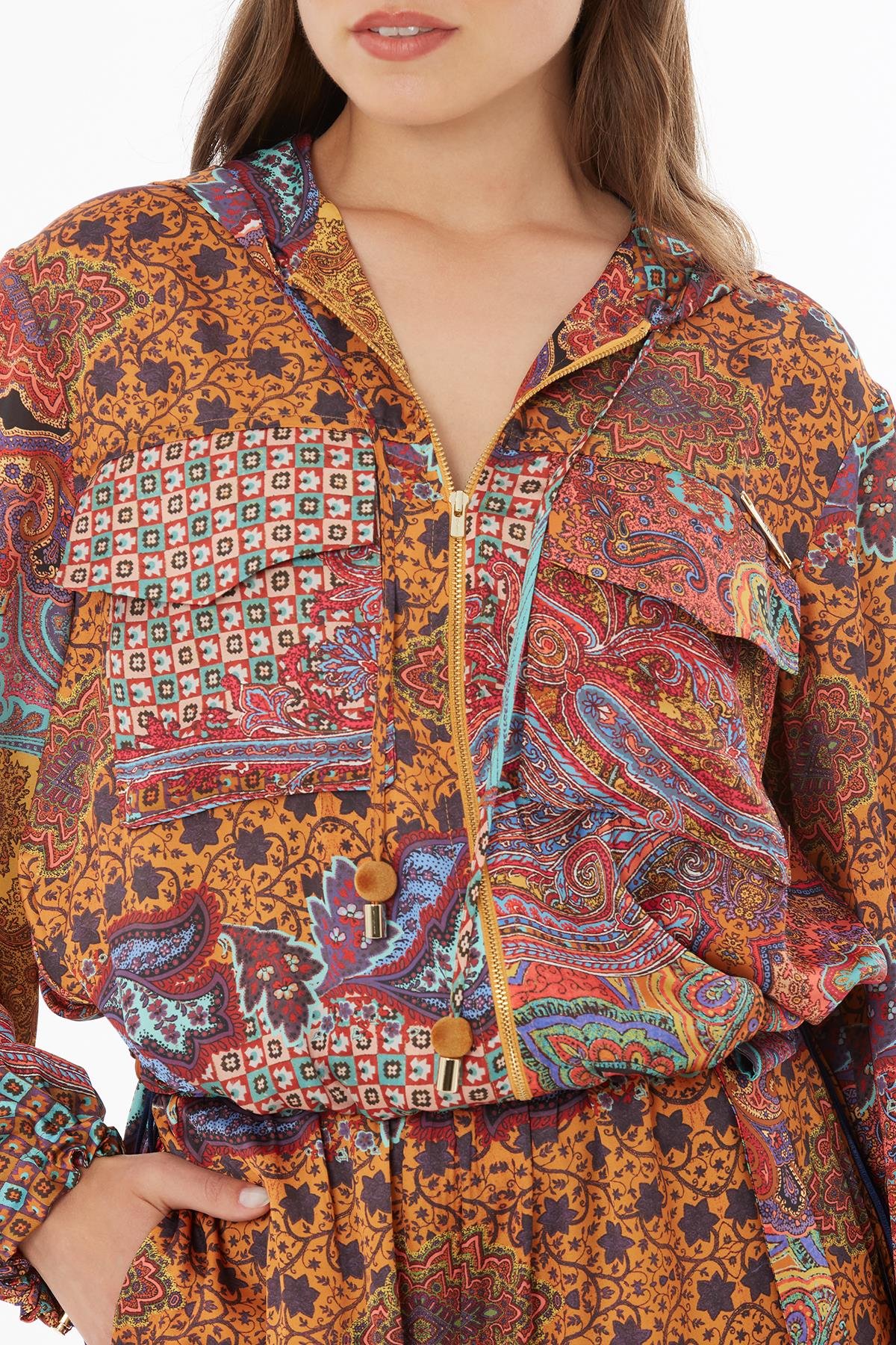 Colorful Patterned Hooded Top with Drawstring