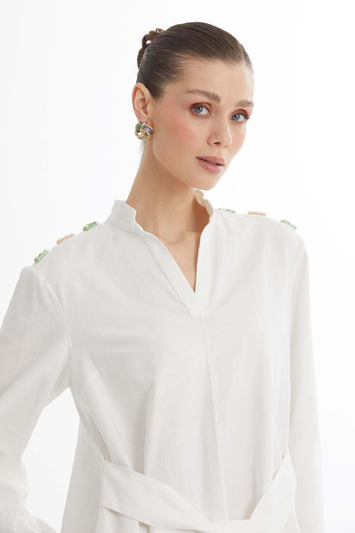Ecru Bone Button Detail Midi Dress With Beaded Belt