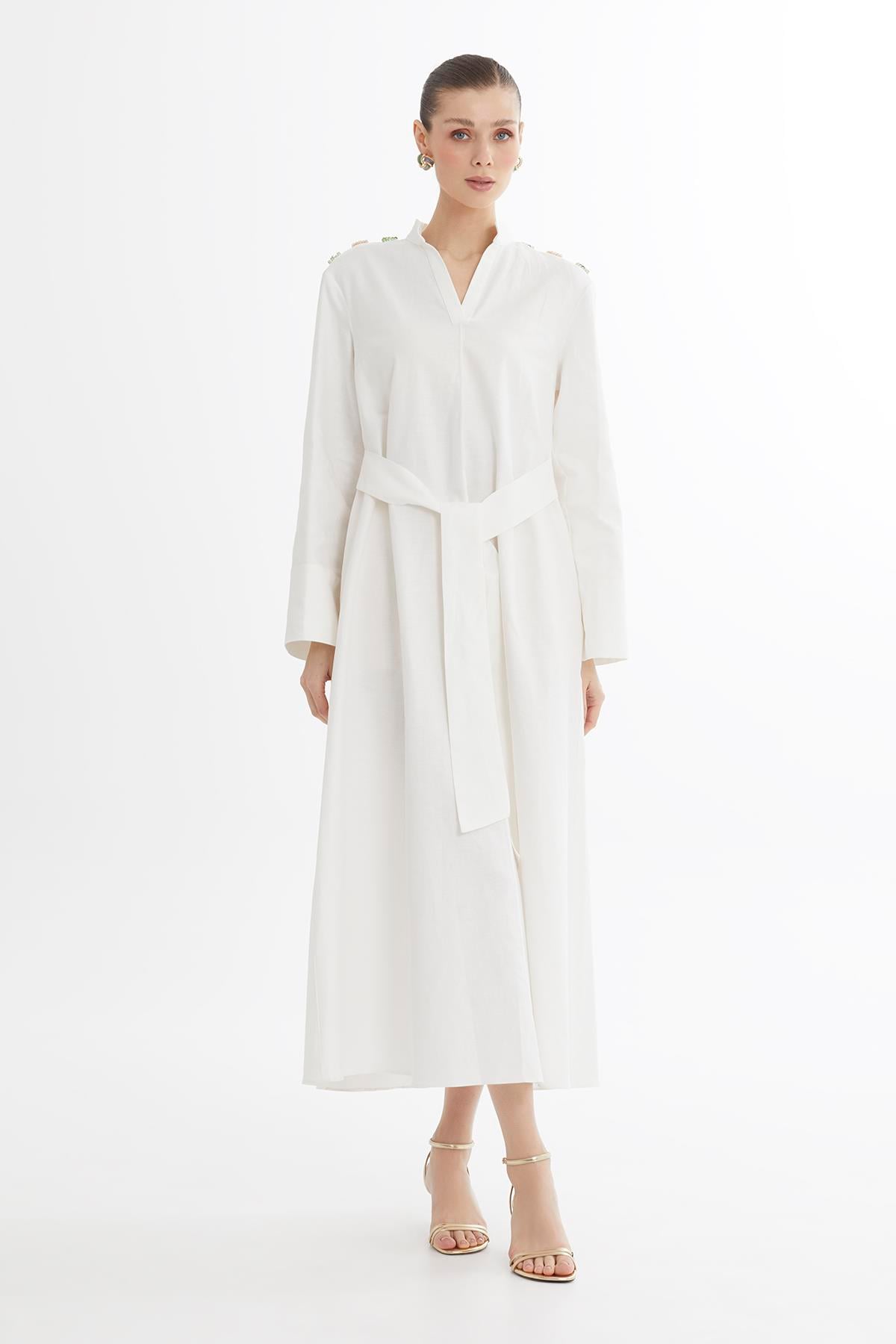 Ecru Bone Button Detail Midi Dress With Beaded Belt