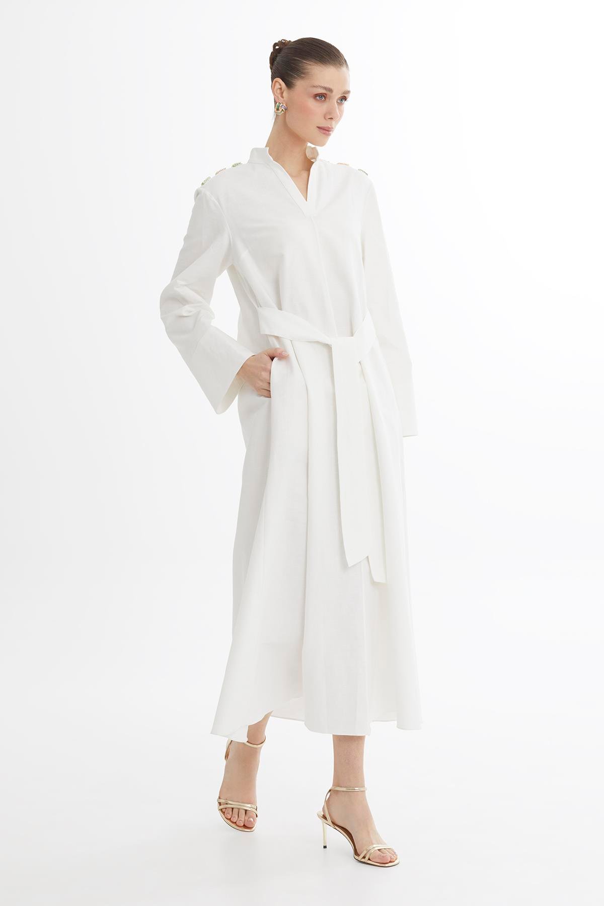Ecru Bone Button Detail Midi Dress With Beaded Belt