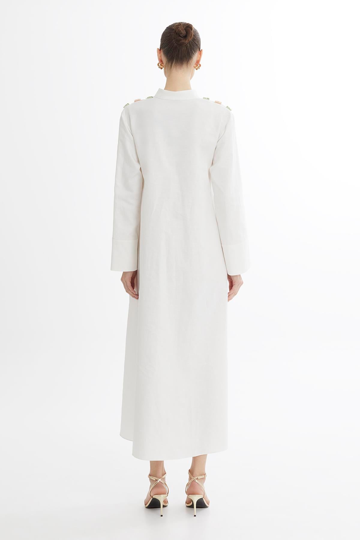 Ecru Bone Button Detail Midi Dress With Beaded Belt