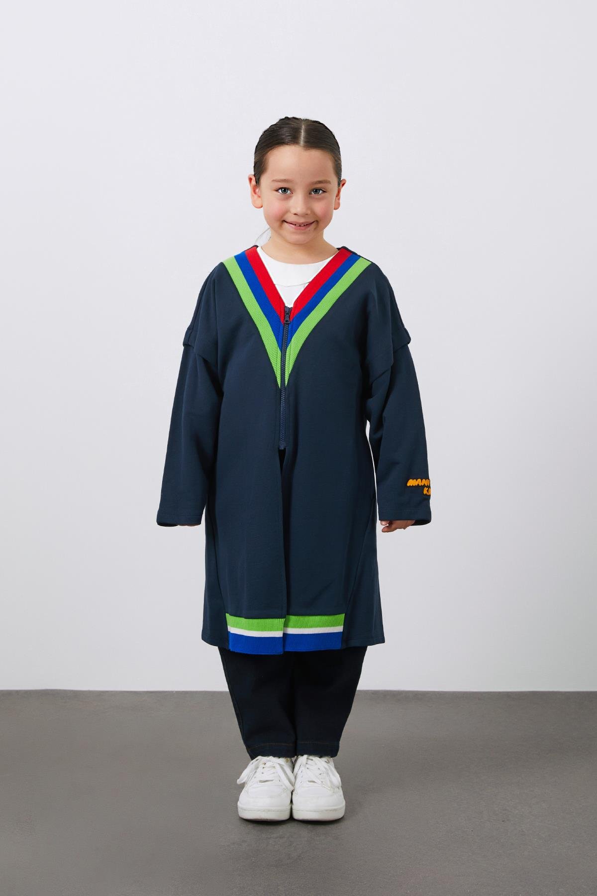 Renkli Triko ve Nakış Detaylı Kız Çocuk Fermuarlı Ceket